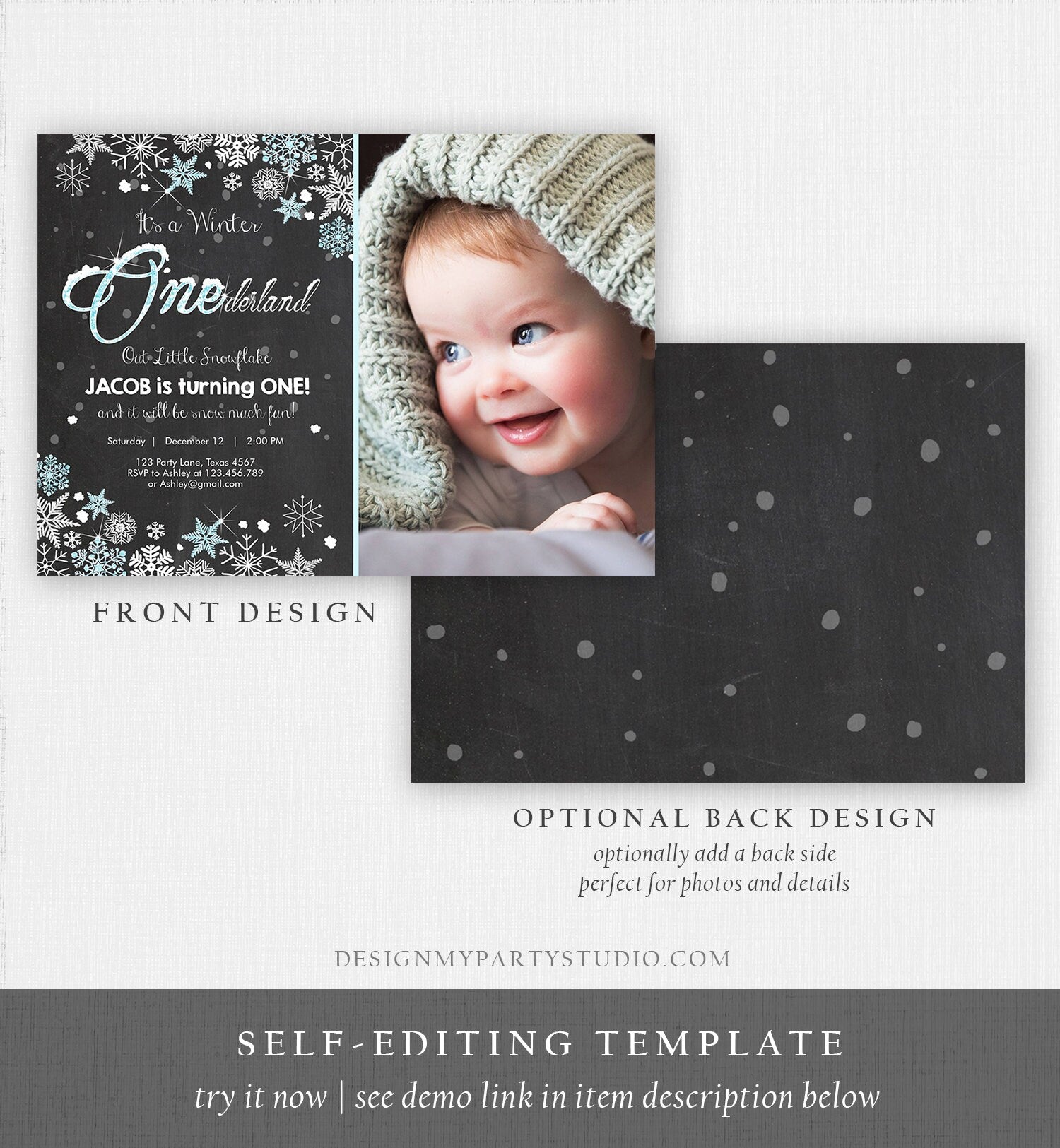 Editable Winter ONEderland Birthday Invitation First Birthday Snowflake Boy Blue Silver Download Printable Invite Template Corjl 0033