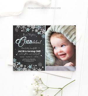 Editable Winter ONEderland Birthday Invitation First Birthday Snowflake Boy Blue Silver Download Printable Invite Template Corjl 0033