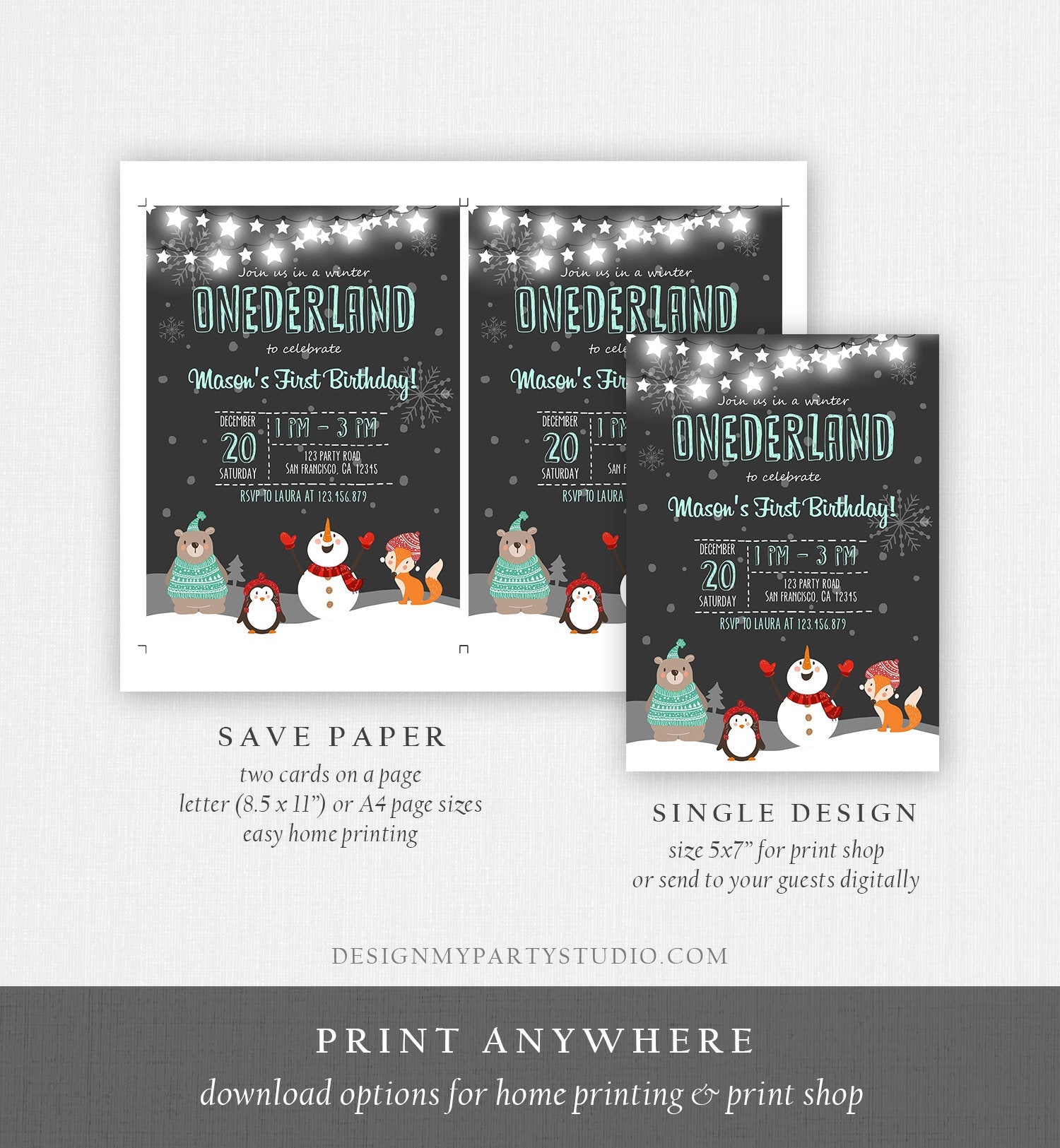 Editable ANY AGE Winter ONEderland Birthday Invitation Woodland Boy Mint Animals Download Printable Invitation Template Digital Corjl 0022