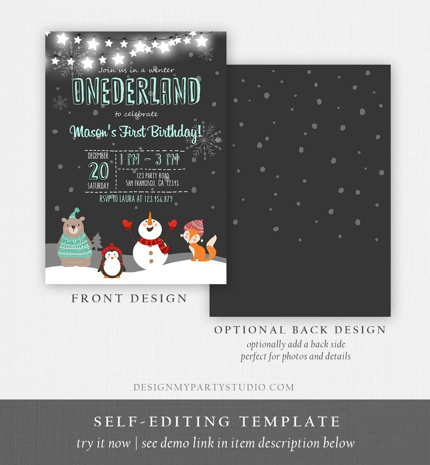 Editable ANY AGE Winter ONEderland Birthday Invitation Woodland Boy Mint Animals Download Printable Invitation Template Digital Corjl 0022