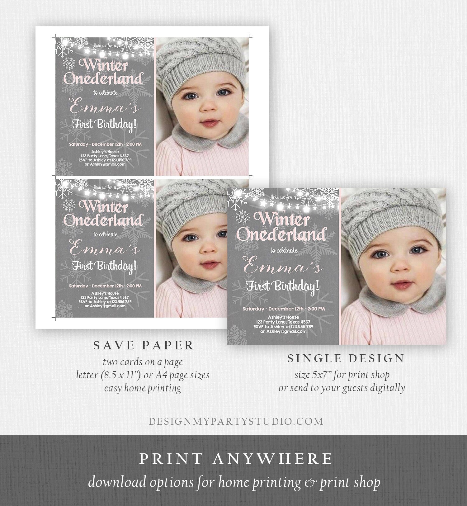 Editable Winter ONEderland Birthday Invitation First Birthday Snowflake Girl Pink Grey Snow Download Printable Invite Template Corjl 0027