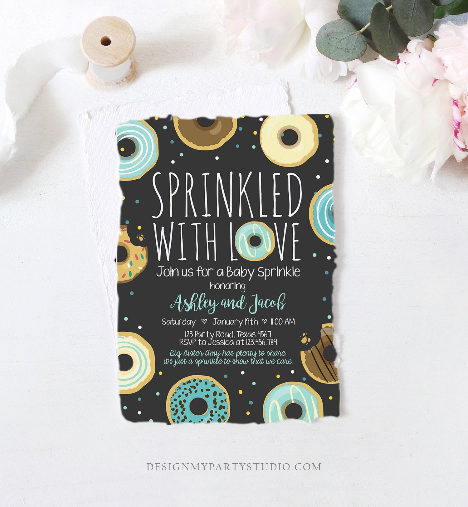 Editable Donut Sprinkle Invitation Sprinkled With Love Coed Shower Gender Neutral Blue Boy Digital Download Printable Corjl Template 0050