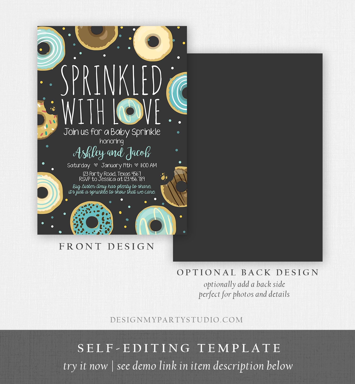 Editable Donut Sprinkle Invitation Sprinkled With Love Coed Shower Gender Neutral Blue Boy Digital Download Printable Corjl Template 0050