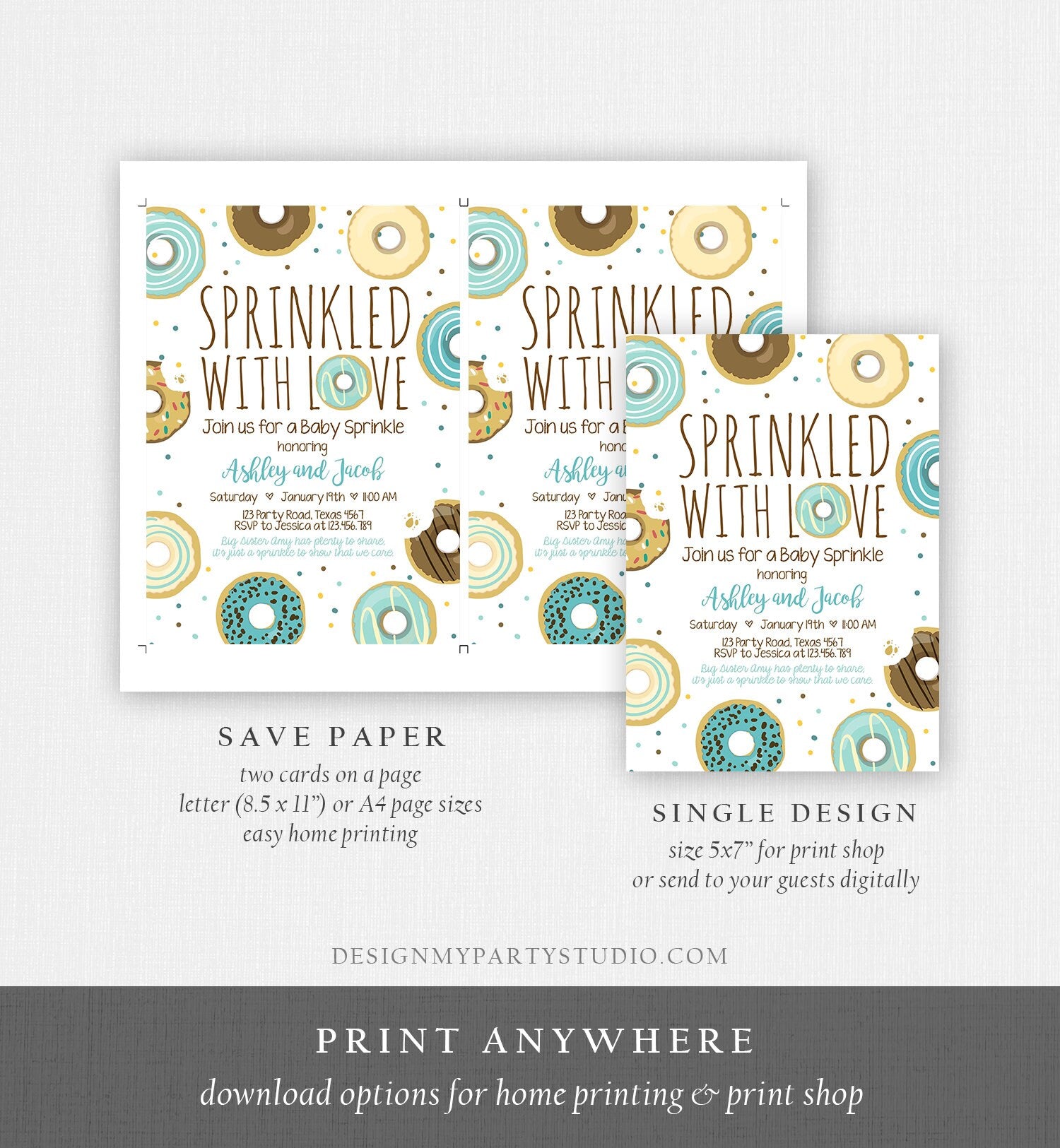 Editable Donut Sprinkle Invitation Sprinkled With Love Coed Shower Gender Neutral Blue Boy Digital Download Printable Corjl Template 0050