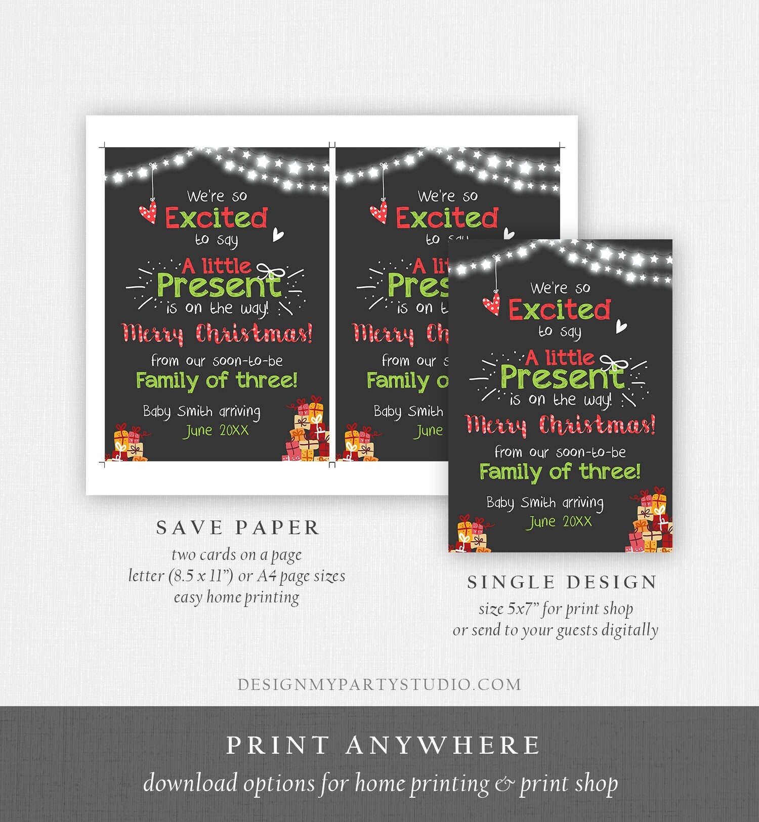 Editable Christmas Pregnancy Announcement Merry Christmas Baby Reveal Family of Three A Little Present On the Way Printable Corjl Template