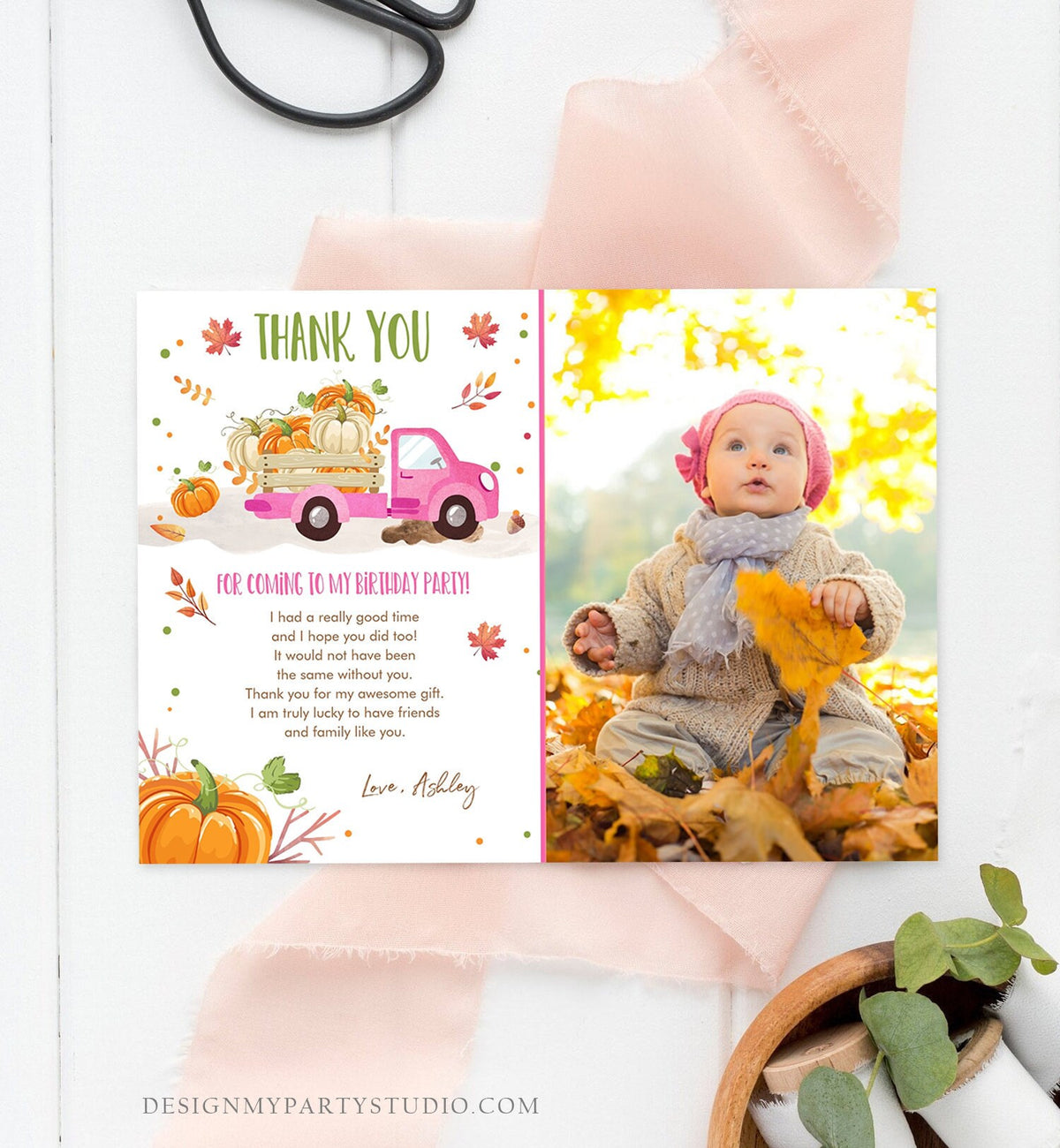 Editable Pumpkin Birthday Thank You Card Girls Fall Girl Pumpkin Truck Birthday Party Pink Orange Download Printable Template Corjl 0153