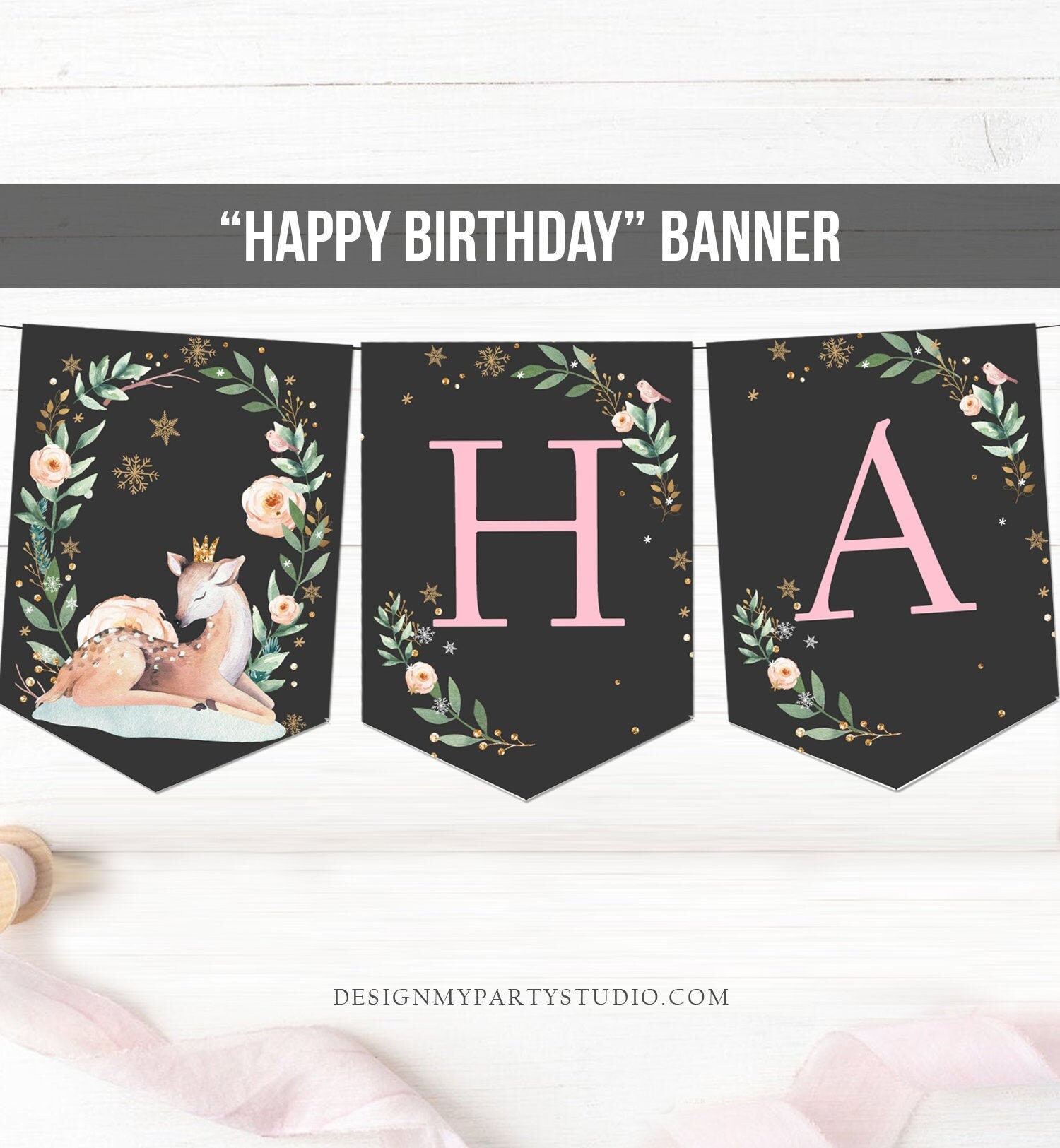 Happy Birthday Banner Winter Onederland Decorations Banner Winter Woodland Animals Girl Pink Gold Deer Download PRINTABLE DIGITAL DIY 0265