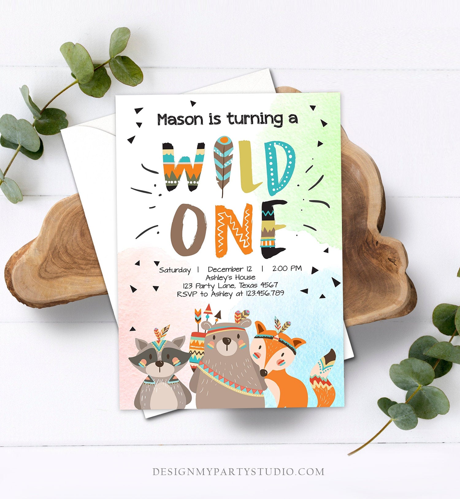 Editable Tribal Woodland Wild One First Birthday Invitation Boho Woodland Animals Boy Instant Download Printable Template Corjl Digital 0061