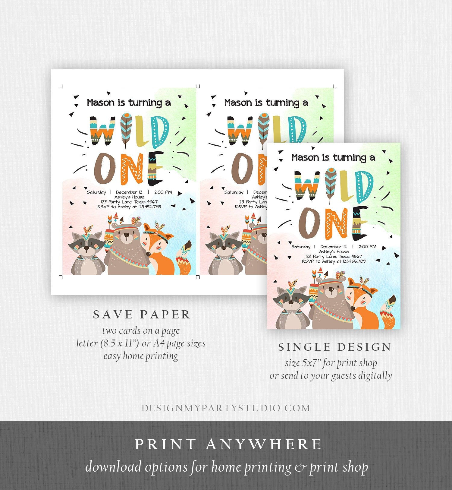 Editable Tribal Woodland Wild One First Birthday Invitation Boho Woodland Animals Boy Instant Download Printable Template Corjl Digital 0061