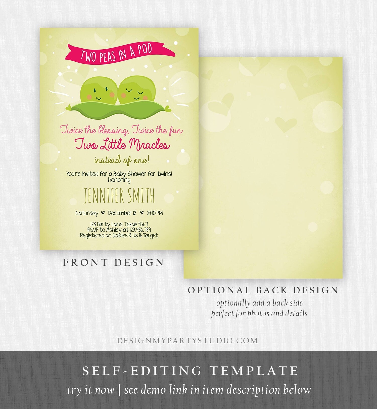 Editable Twin Baby Shower Invitation Girls Two Peas In a Pod Baby Shower Pink Twins Invitation Template Download Digital Corjl 0020