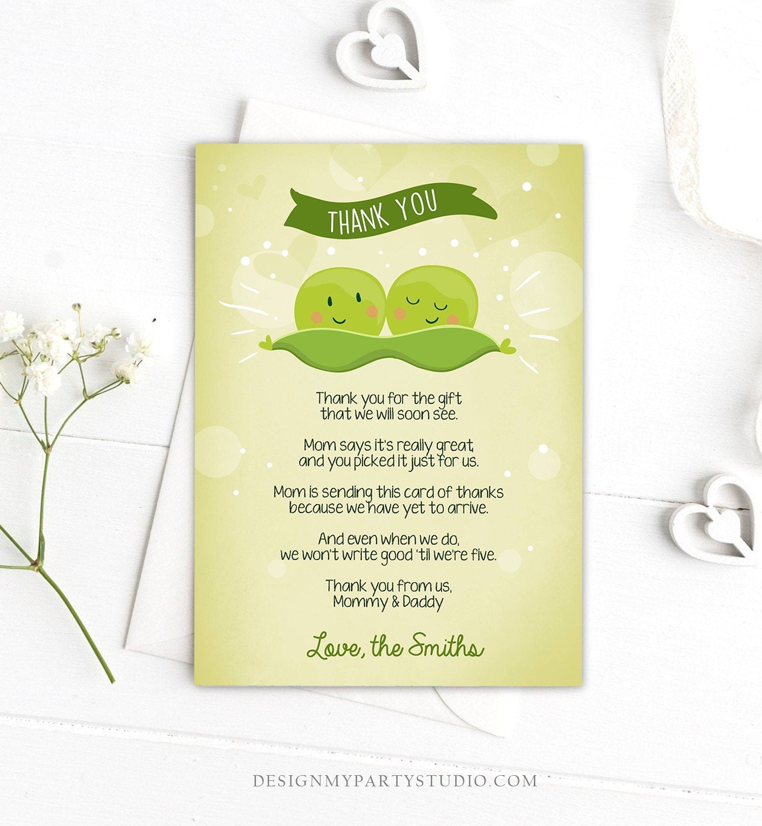 Editable Peas in a Pod Baby shower Thank you note Twin Baby Shower Twins Gender Neutral Thank you card Template Download Corjl 0020