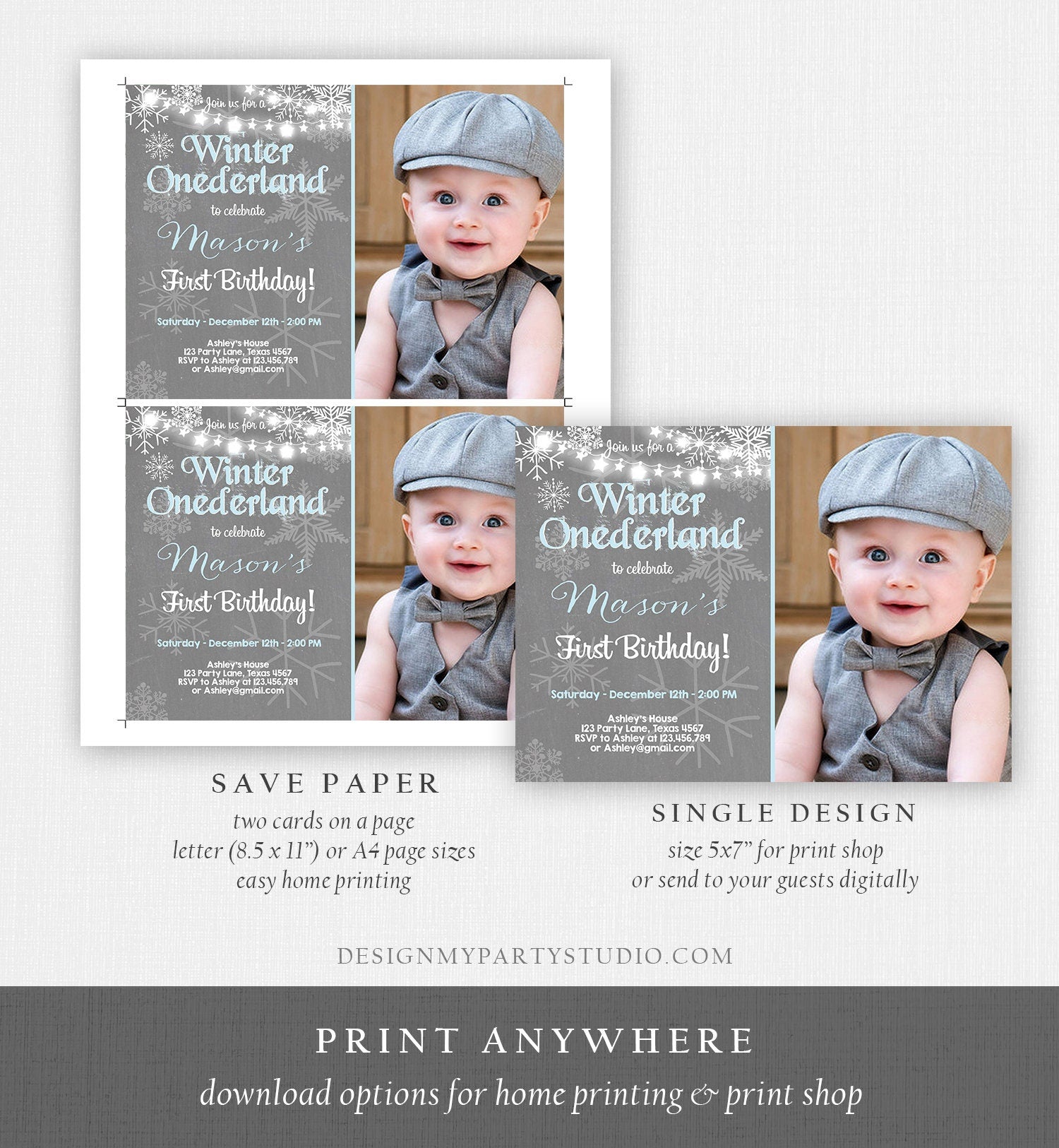 Editable Winter ONEderland Birthday Invitation First Birthday Snowflake Boy Blue Lights Download Printable Invitation Template Corjl 0027