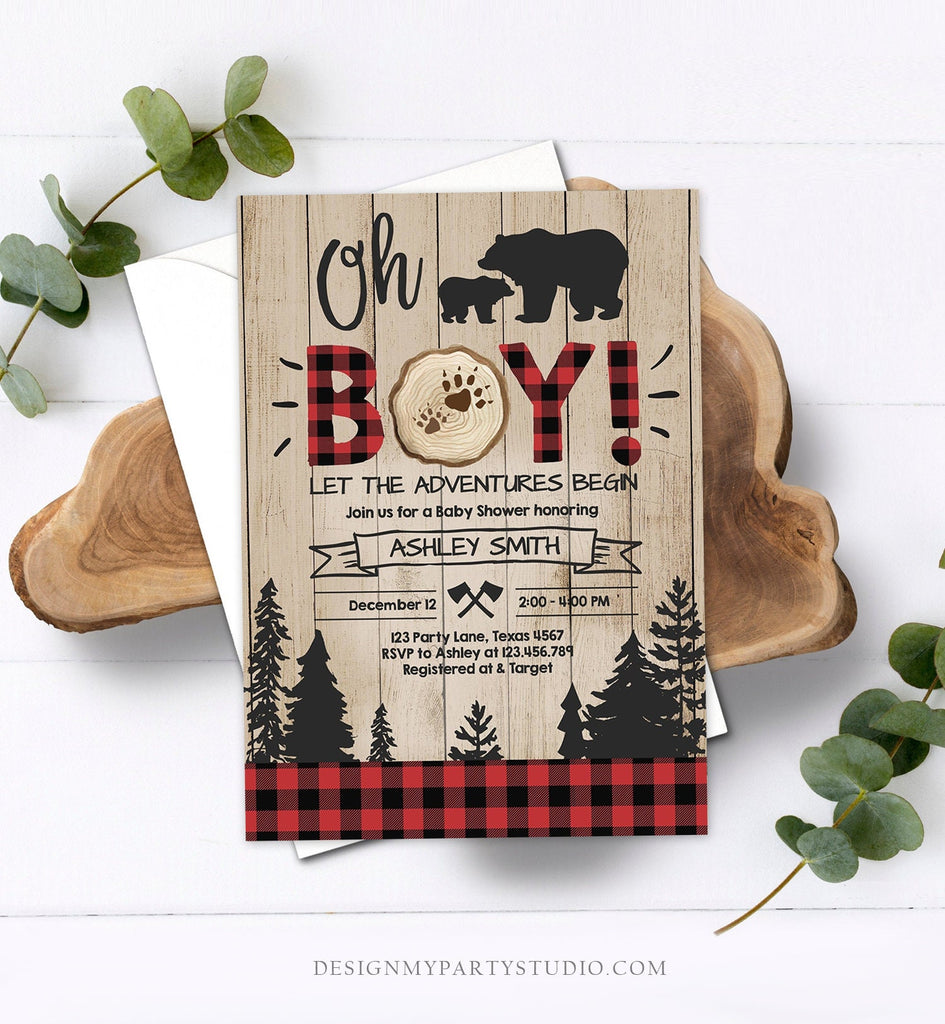 Lumberjack themed hot sale baby shower invitations