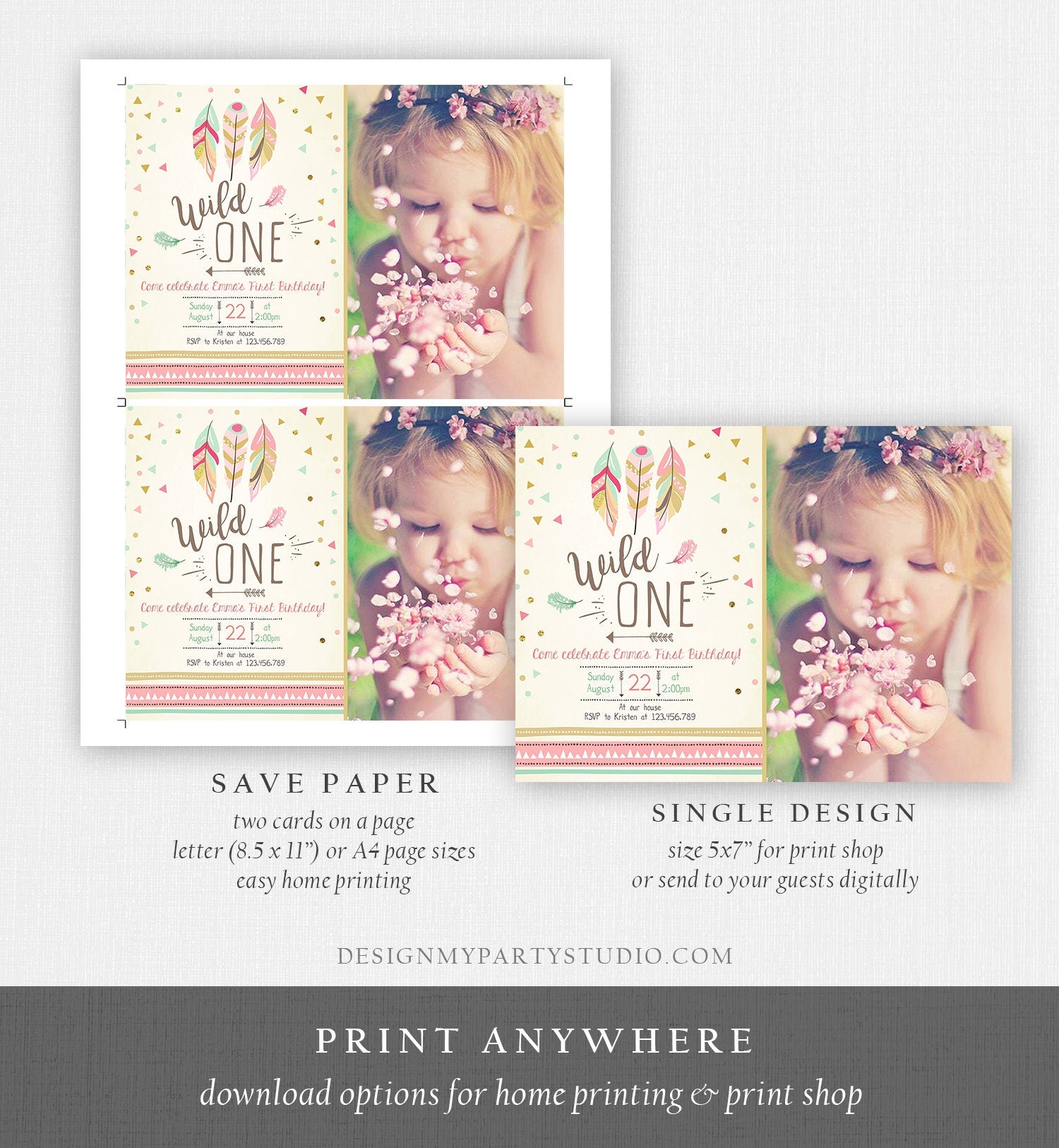 Editable Birthday Invitation Wild One Girl Invite Tribal Boho Arrow Feathers Pink Gold Mint Download Printable Template Digital Corjl 0073