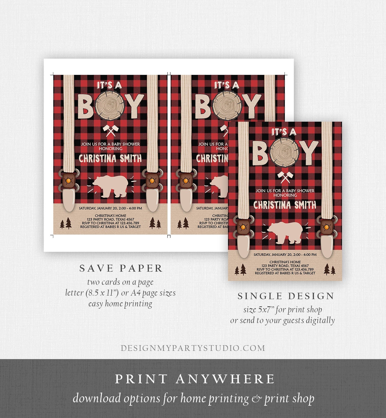 Editable Lumberjack Baby Shower Invitation Baby Boy Buffalo Plaid Rustic Bear Cub It's a Boy Couples Download Printable Template Corjl 0026