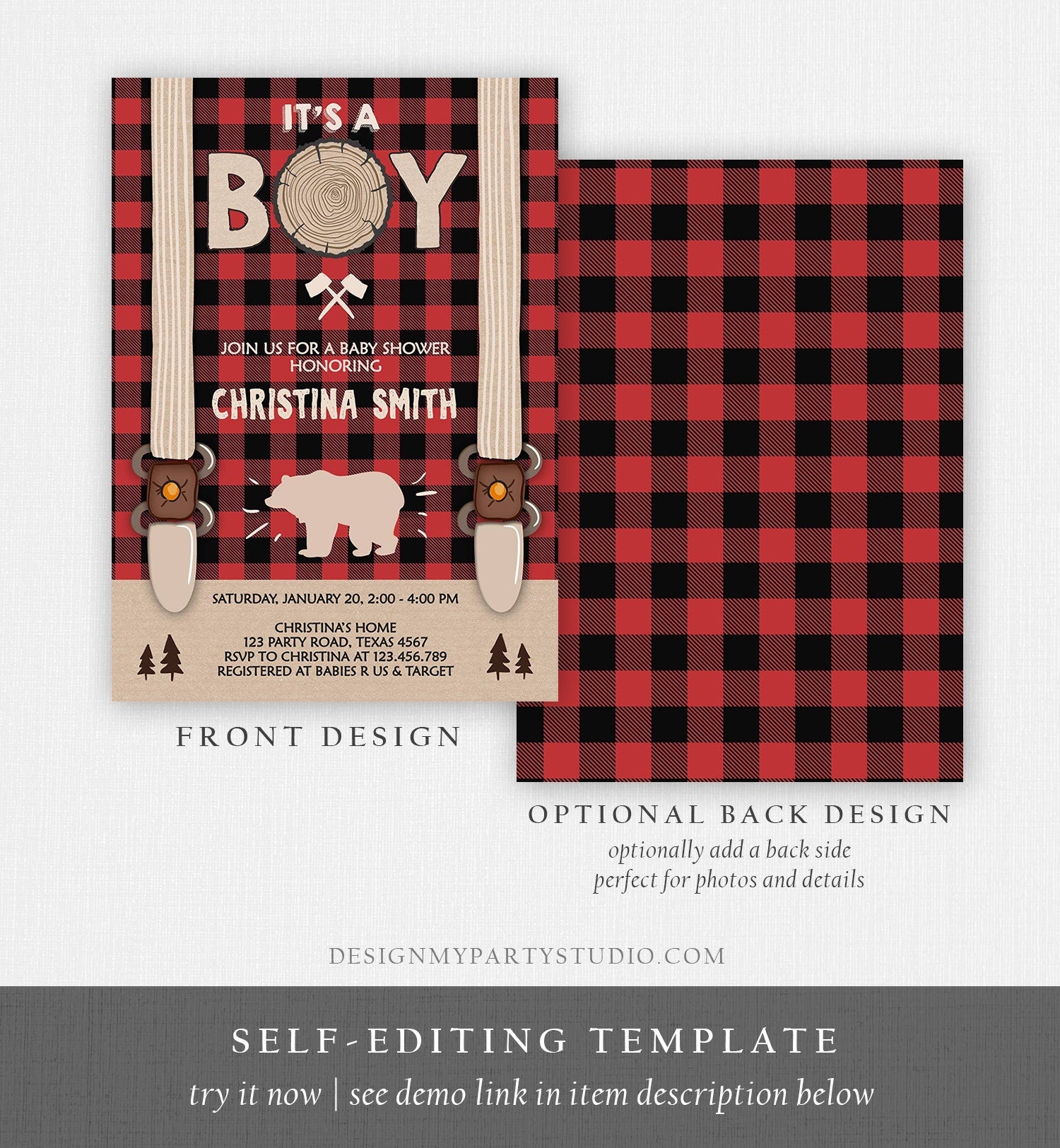 Editable Lumberjack Baby Shower Invitation Baby Boy Buffalo Plaid Rustic Bear Cub It's a Boy Couples Download Printable Template Corjl 0026