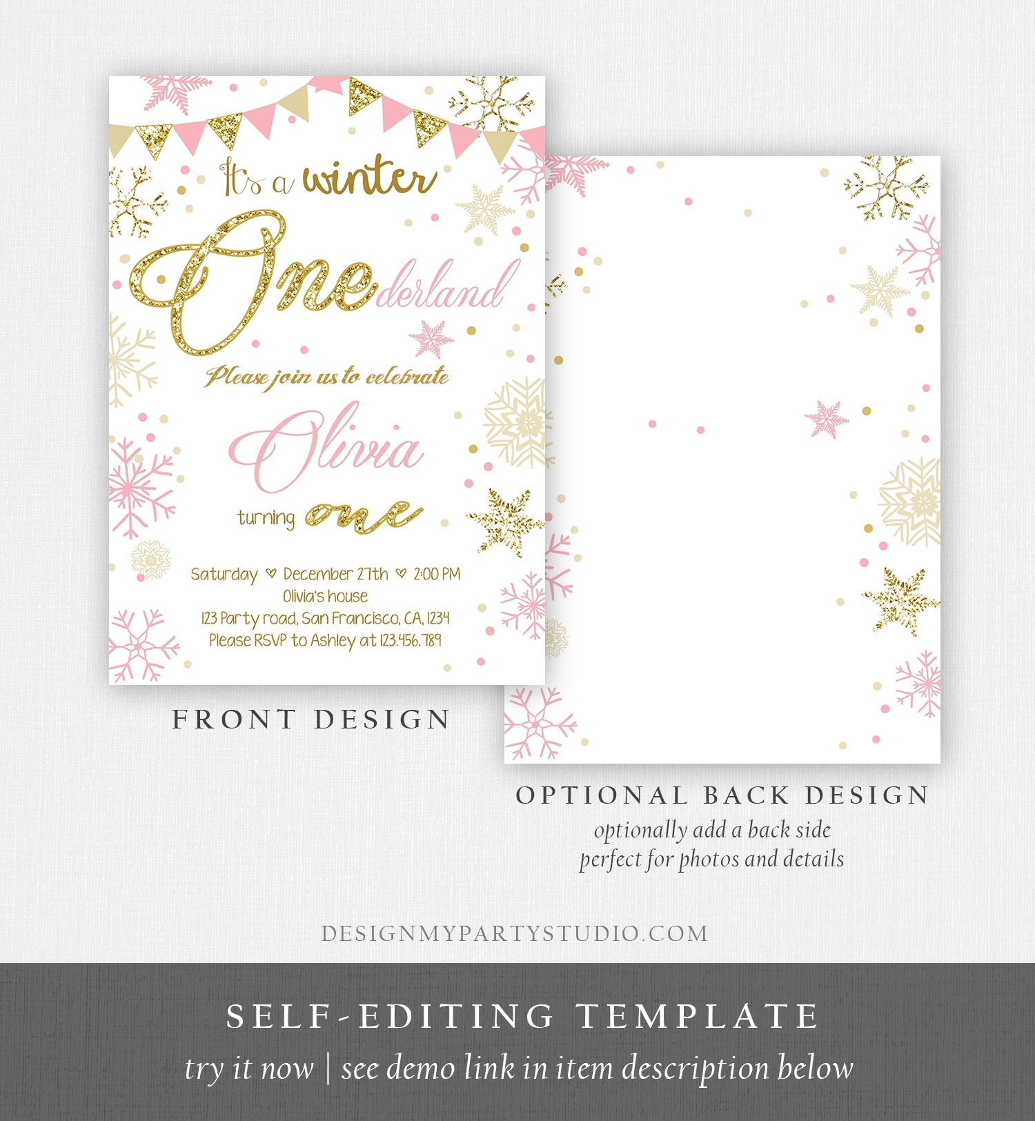 Editable Winter ONEderland Birthday Invitation First Birthday Snowflake Girl Pink Gold Glitter Download Printable Invite Template Corjl 0034