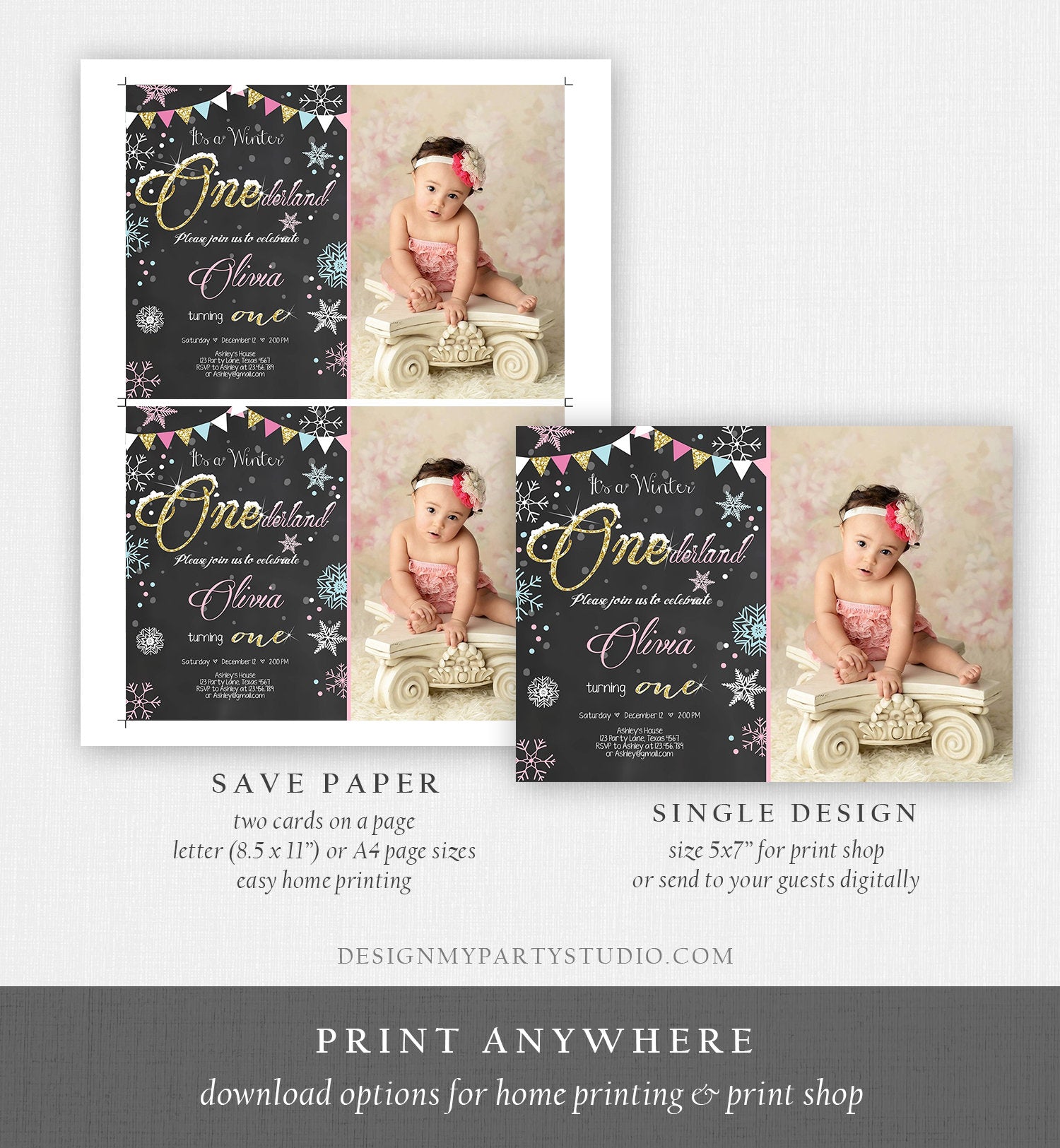 Editable Winter ONEderland Birthday Invitation First Birthday Snowflake Girl Pink Gold Download Printable Invitation Template Corjl 0034