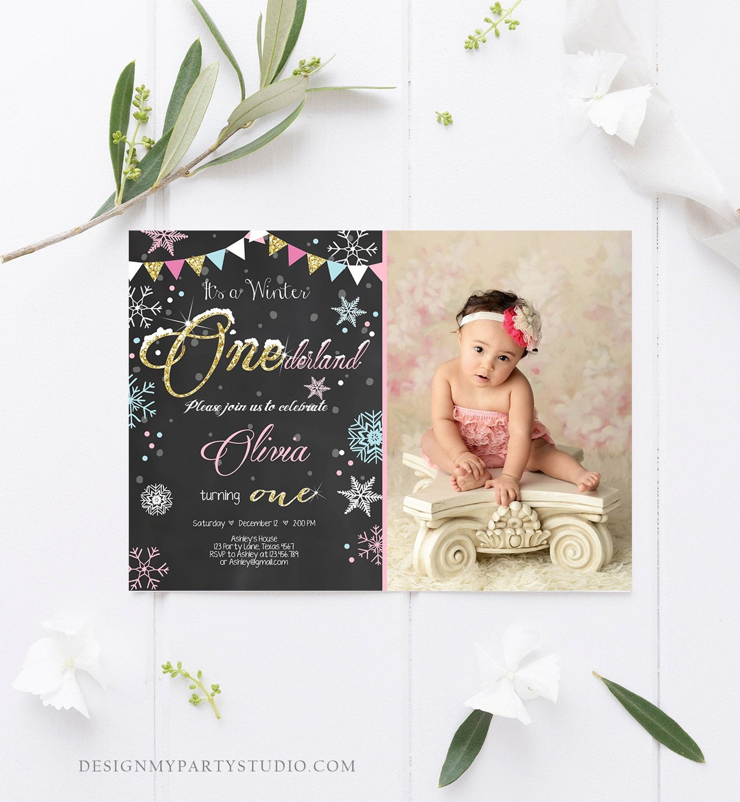 Editable Winter ONEderland Birthday Invitation First Birthday Snowflake Girl Pink Gold Download Printable Invitation Template Corjl 0034