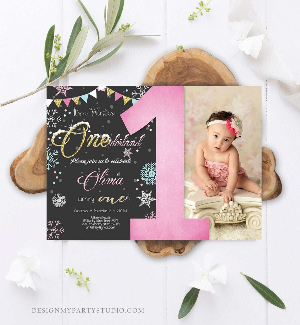 Editable Winter ONEderland Birthday Invitation First Birthday Snowflake Girl Pink Gold Download Printable Invitation Template Corjl 0034