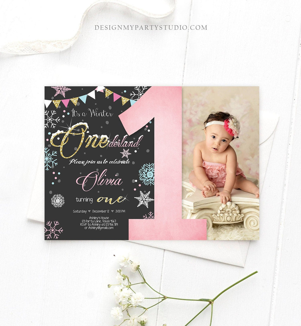 Editable Winter ONEderland Birthday Invitation First Birthday Snowflake Girl Pink Gold Download Printable Invitation Template Corjl 0034