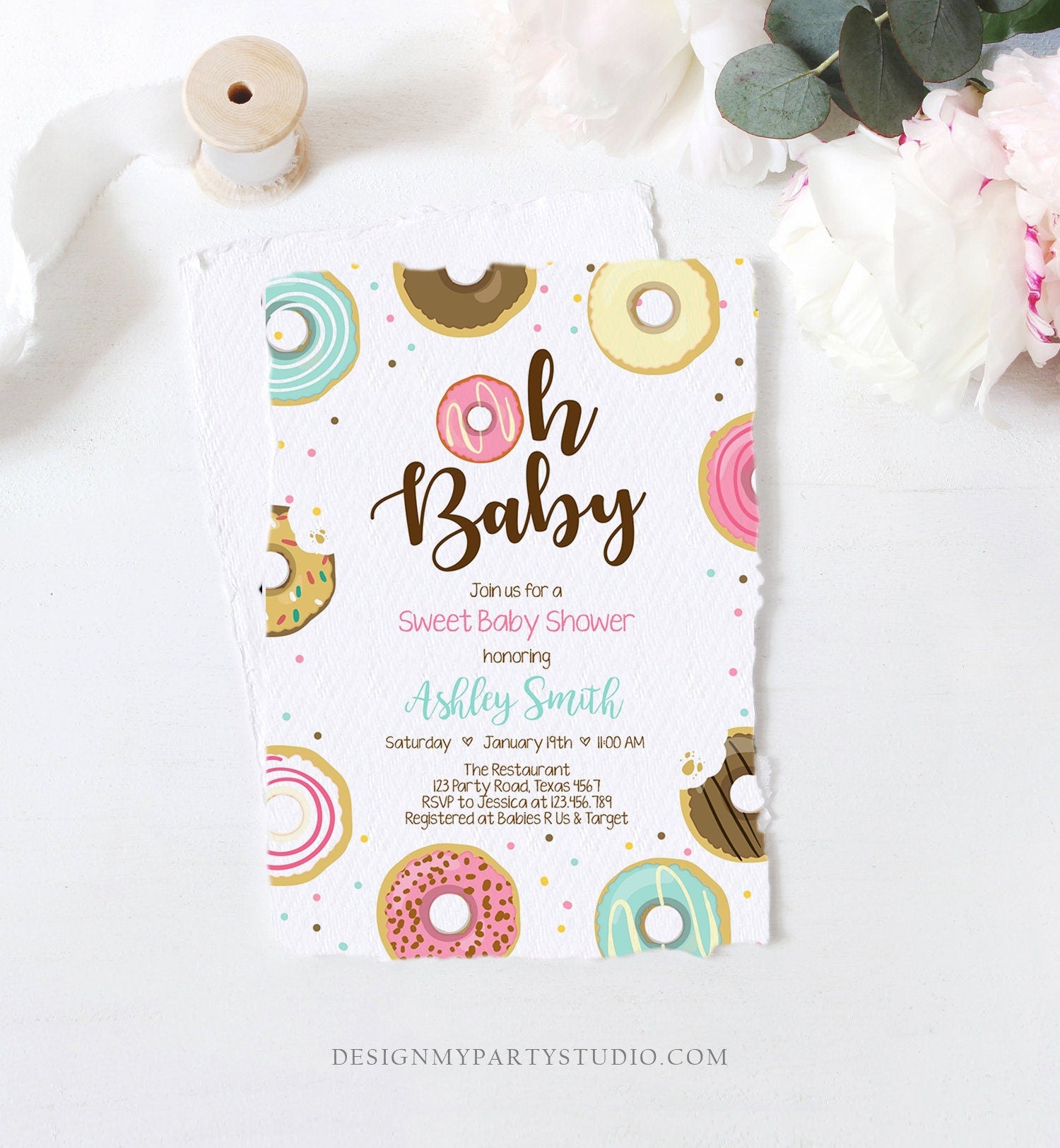 Editable Donut Baby Shower Invitation Oh Baby Coed Shower Doughnut Sweet Gender Neutral Pink Girl Download Corjl Template Printable 0050