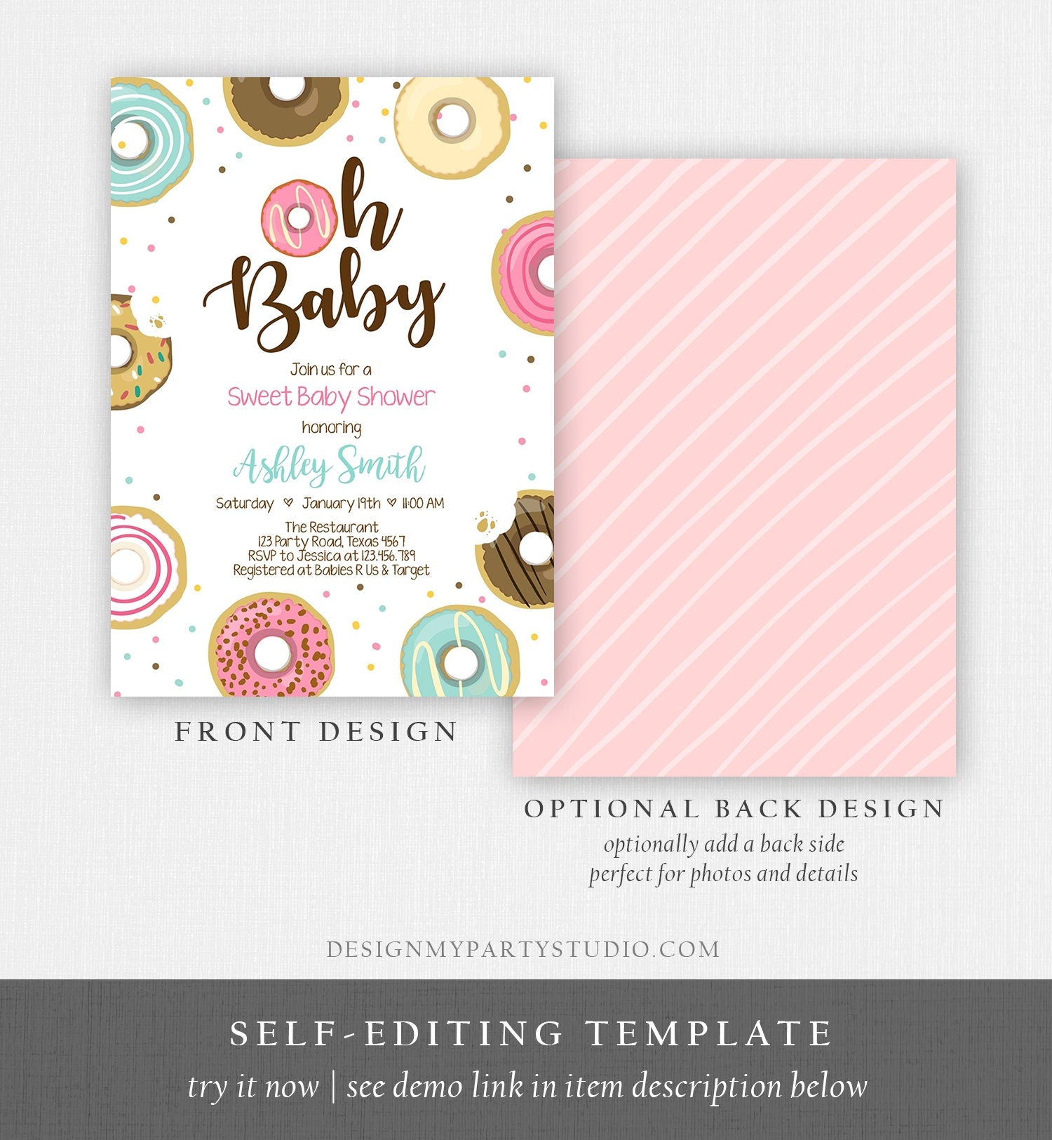 Editable Donut Baby Shower Invitation Oh Baby Coed Shower Doughnut Sweet Gender Neutral Pink Girl Download Corjl Template Printable 0050