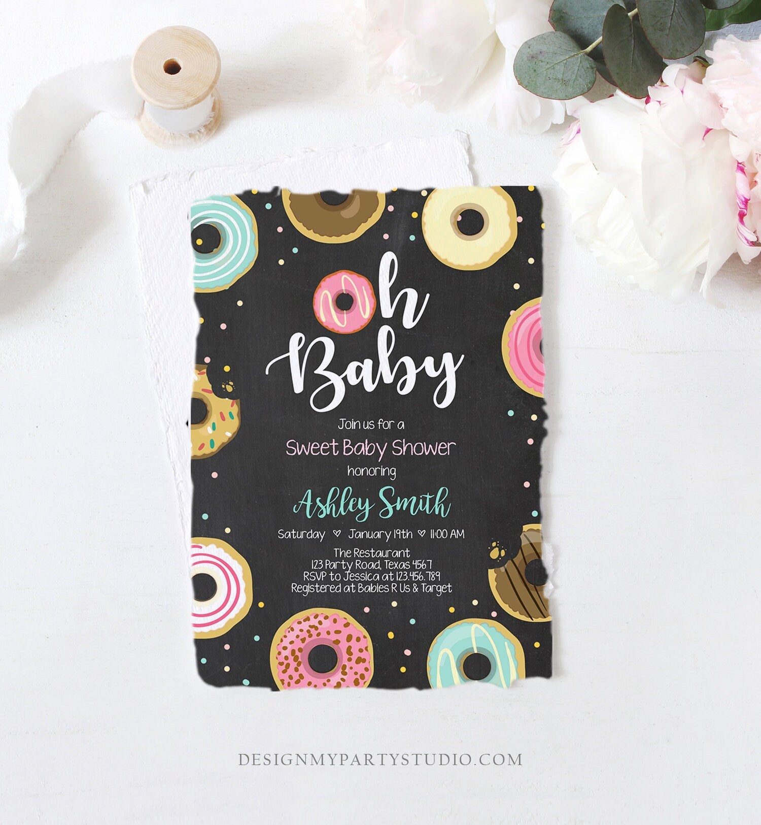 Editable Donut Baby Shower Invitation Oh Baby Coed Shower Doughnut Sweet Chalk Gender Neutral Pink Girl Corjl Template Printable 0050