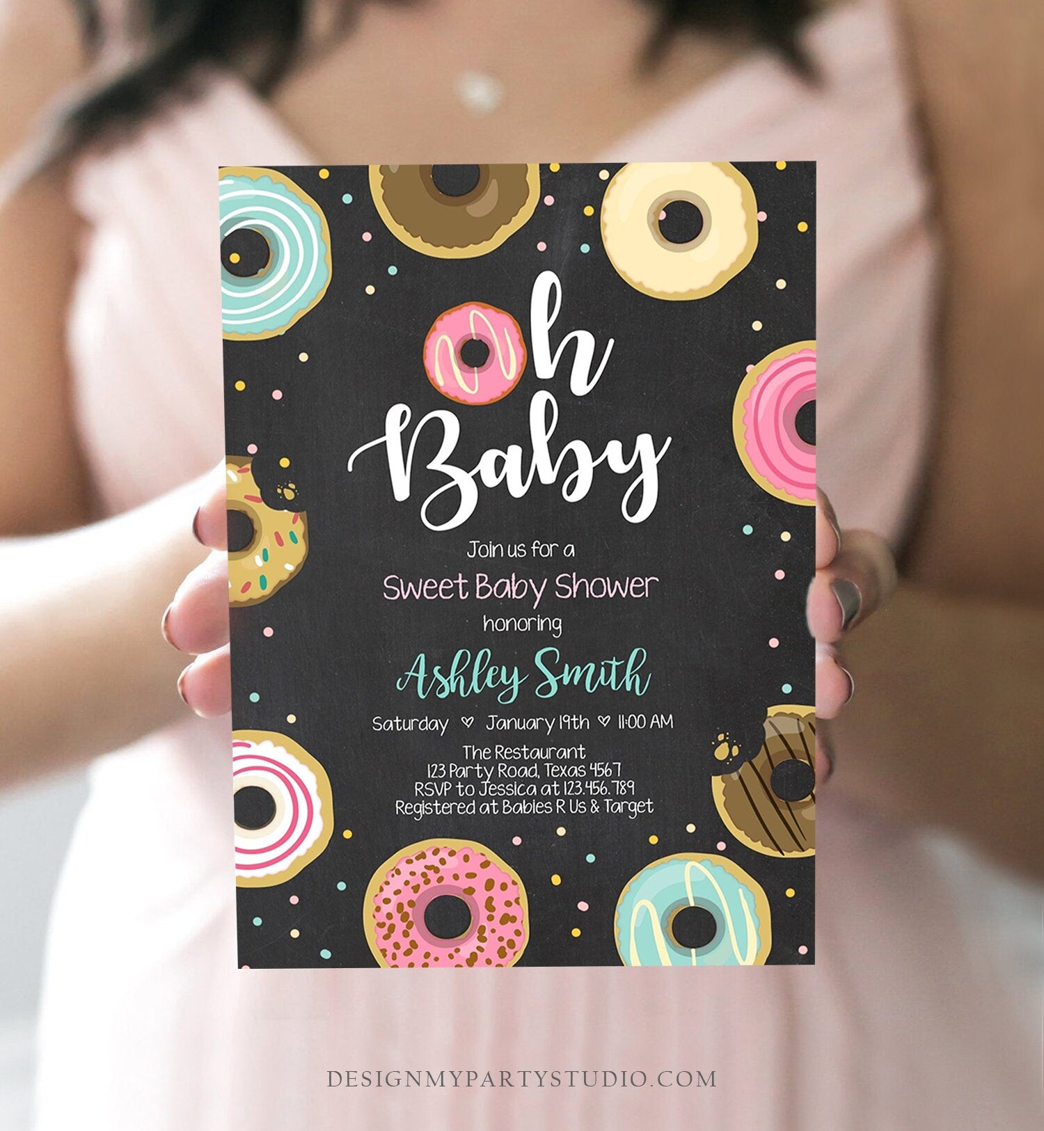 Editable Donut Baby Shower Invitation Oh Baby Coed Shower Doughnut Sweet Chalk Gender Neutral Pink Girl Corjl Template Printable 0050