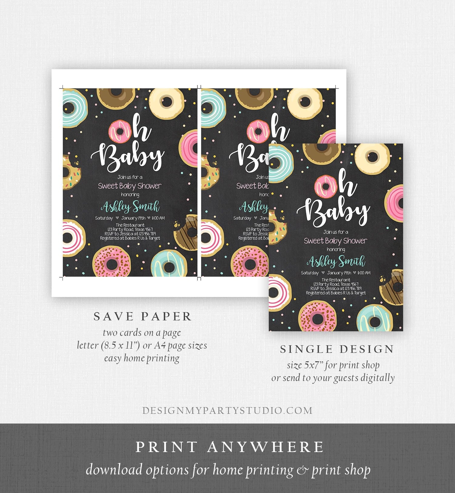 Editable Donut Baby Shower Invitation Oh Baby Coed Shower Doughnut Sweet Chalk Gender Neutral Pink Girl Corjl Template Printable 0050