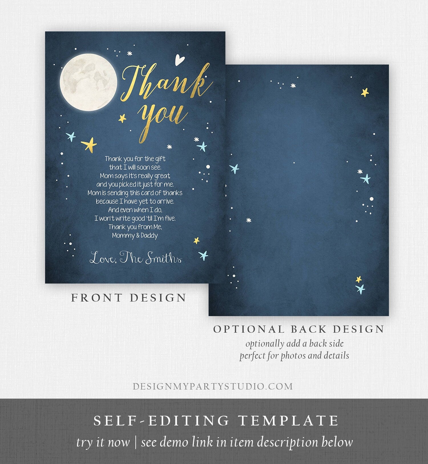 Editable Baby Shower Thank you Card Loved to the Moon and Back Moon Stars Gold Navy Moon Baby Shower Template Instant Download Corjl 0017