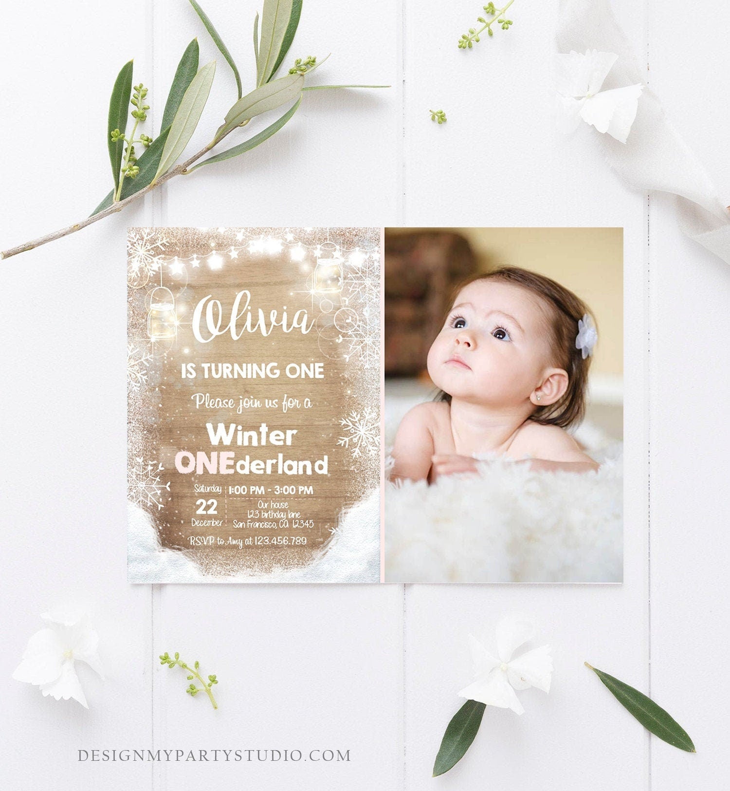 Editable Winter ONEderland Birthday Invite First Birthday Snowflake Girl Pink Rustic Wood Download Printable Invite Template Corjl 0031