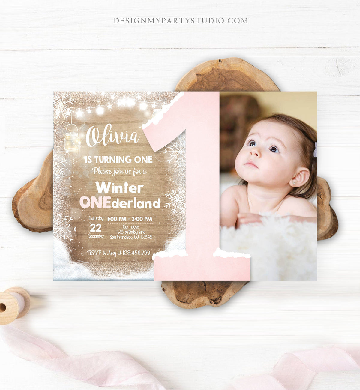 Editable Winter ONEderland Birthday Invite First Birthday Snowflake Girl Pink Rustic Wood Download Printable Invite Template Corjl 0031