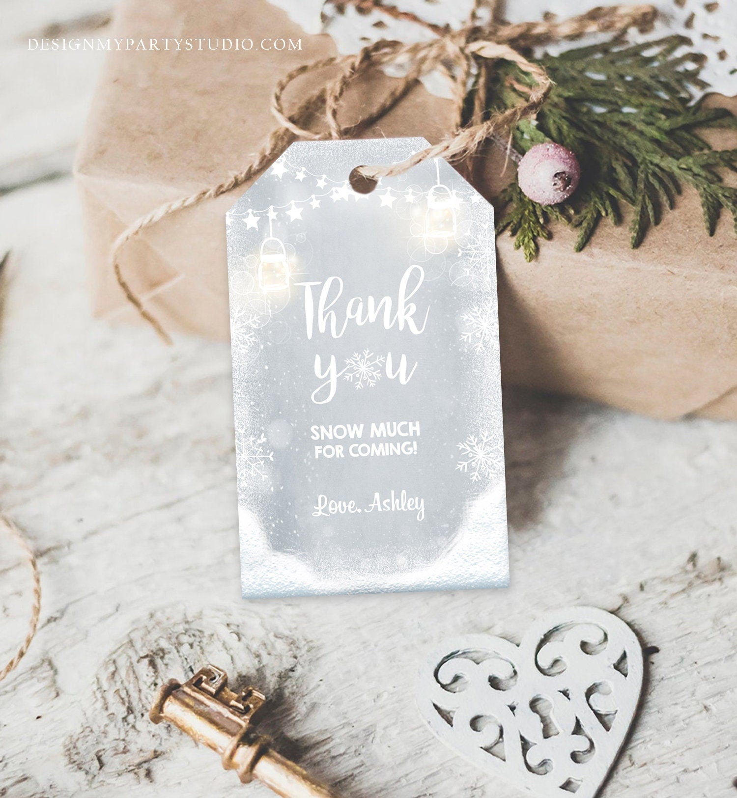 Editable Winter Thank you tags Baby Shower Favor Tags Rustic Lights Snowflakes Snow Winter Onederland Birthday Template PRINTABLE Corjl 0031