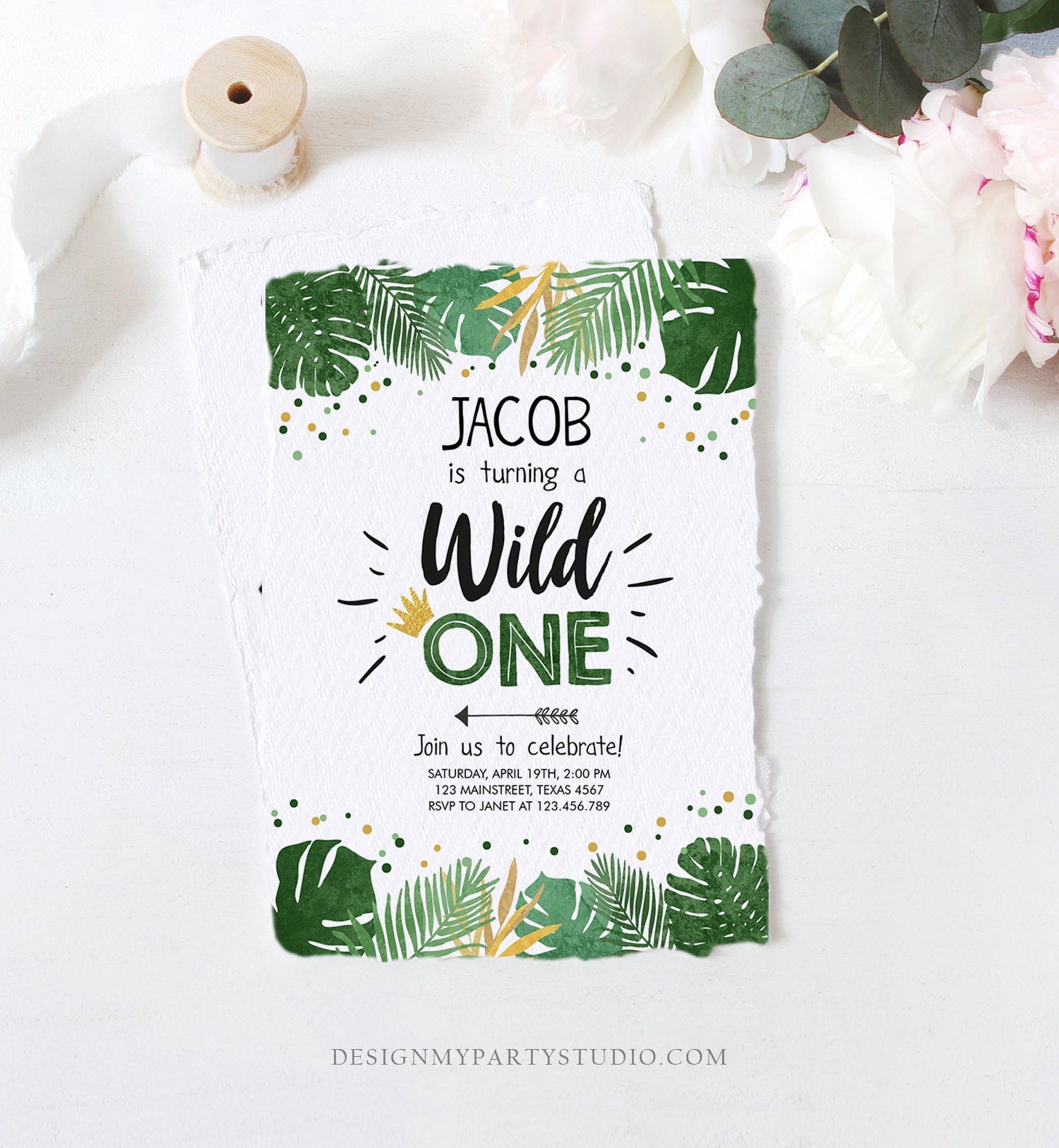 Editable Wild One Birthday Invitation Safari Jungle Boy Gold First Birthday 1st Rustic Leaves Instant Download Corjl Template Printable 0332