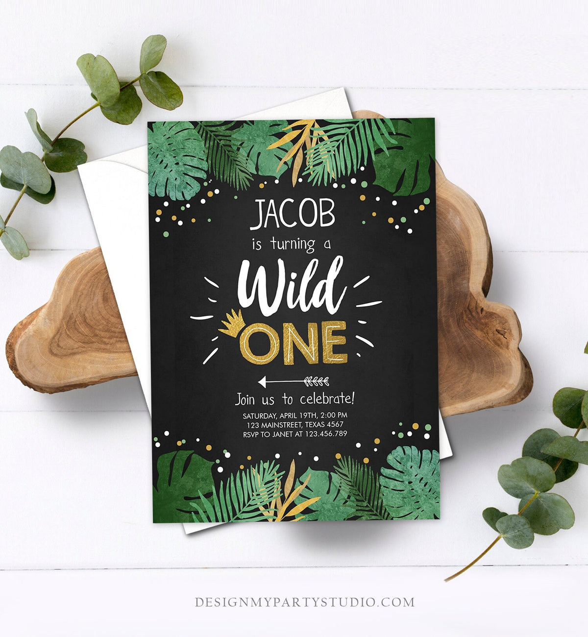 Editable Wild One Birthday Invitation Safari Jungle Boy Gold First Birthday 1st Rustic Leaves Instant Download Corjl Template Printable 0332