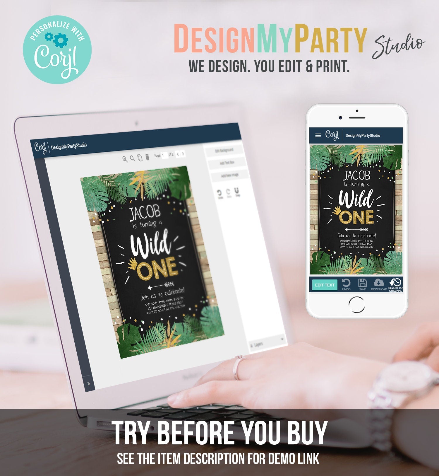 Editable Wild One Birthday Invitation Safari Jungle Boy Gold First Birthday 1st Wood Leaves Chalk Download Corjl Template Printable 0332