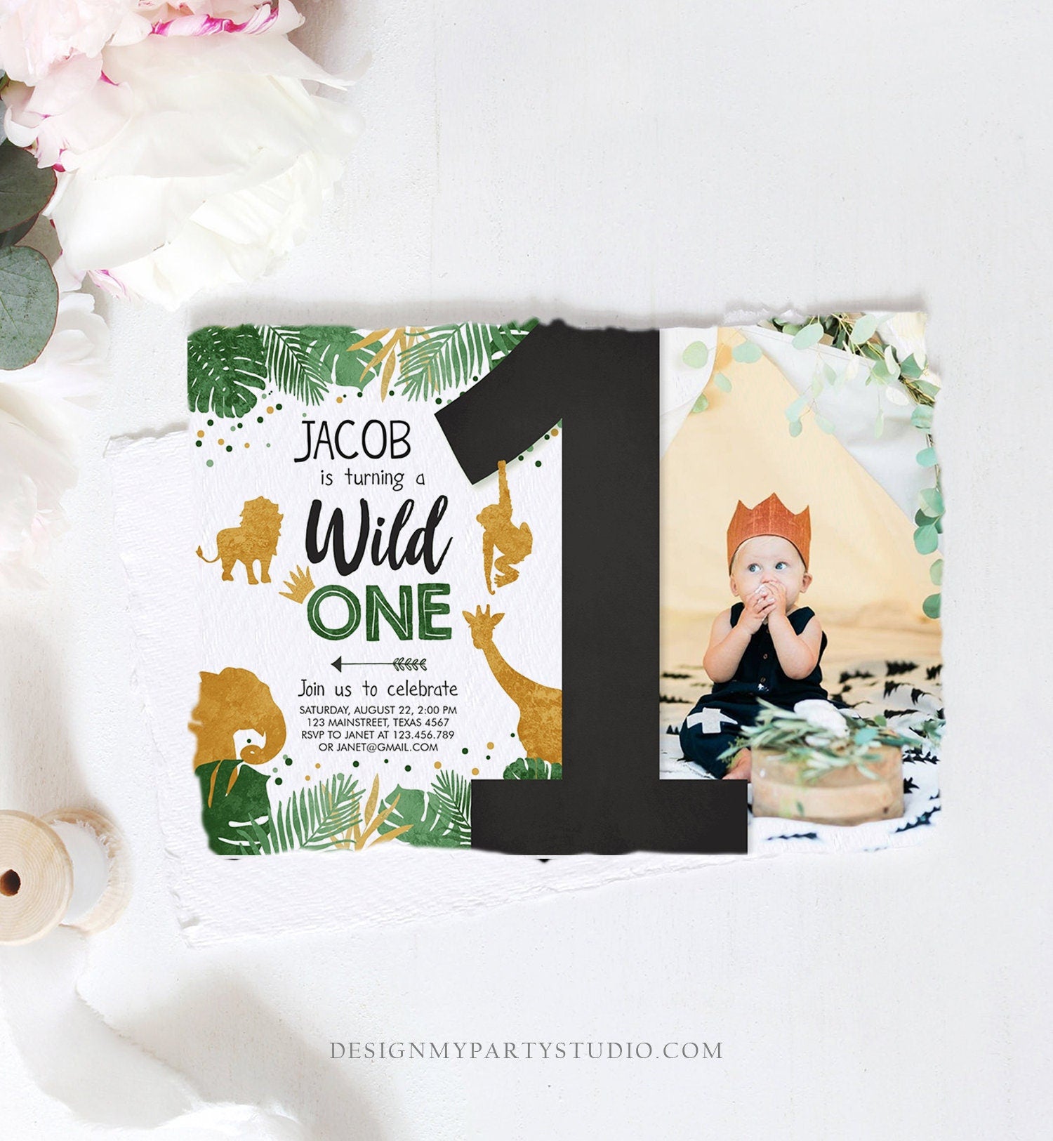 Editable Wild One Birthday Invitation Safari Jungle Boy Gold First Birthday 1st Rustic Leaves Photo Download Corjl Template Printable 0016