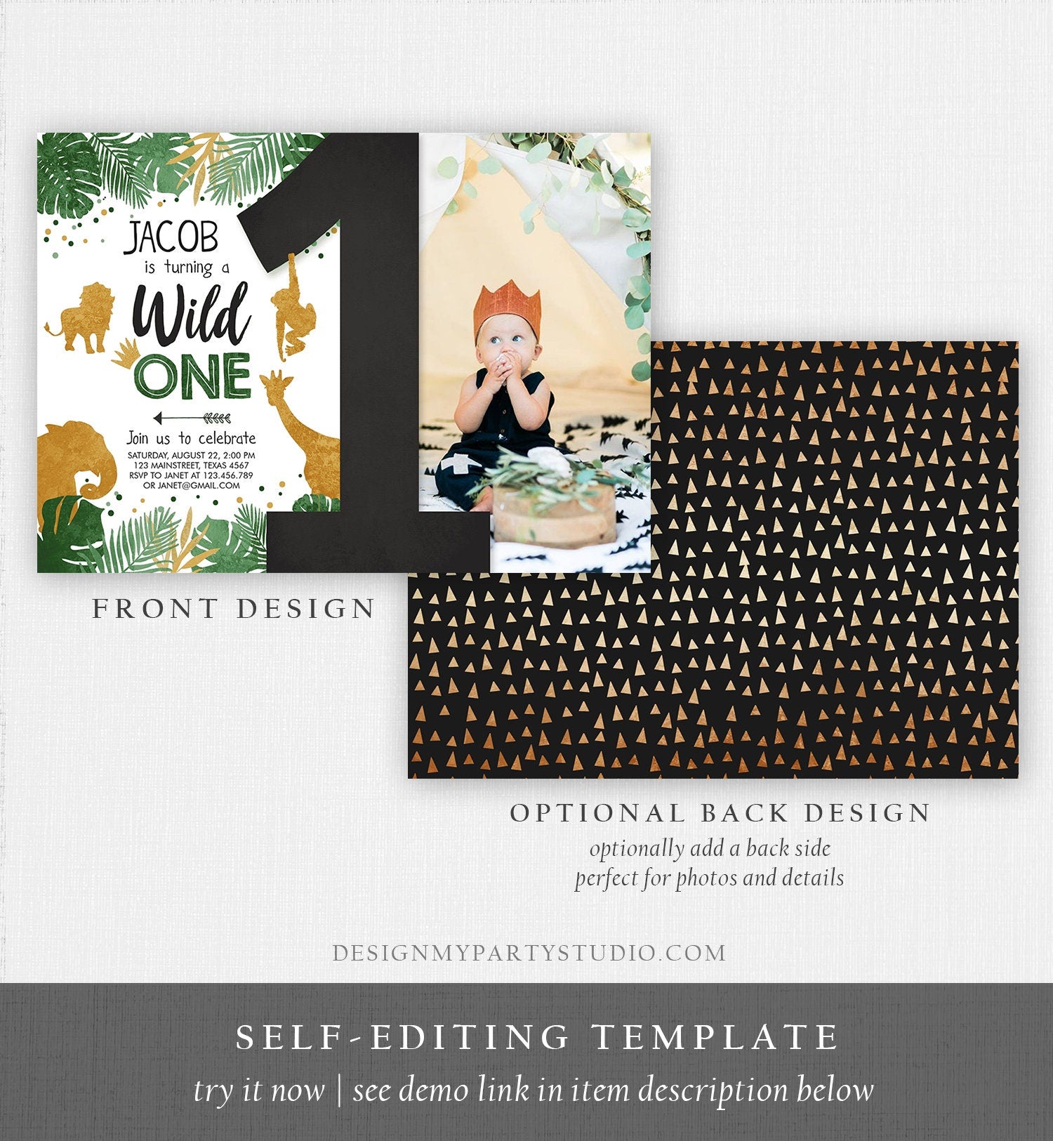 Editable Wild One Birthday Invitation Safari Jungle Boy Gold First Birthday 1st Rustic Leaves Photo Download Corjl Template Printable 0016