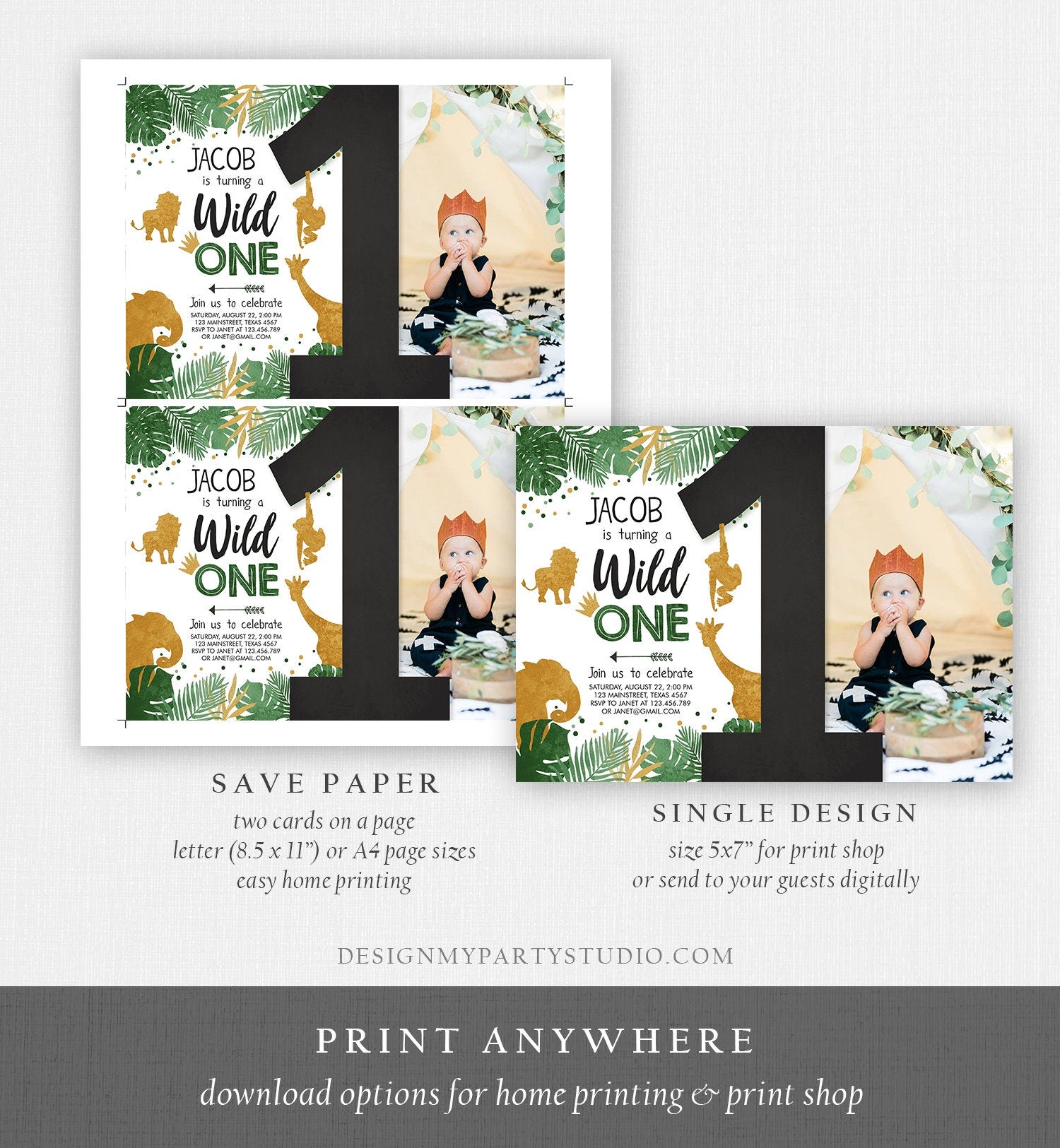 Editable Wild One Birthday Invitation Safari Jungle Boy Gold First Birthday 1st Rustic Leaves Photo Download Corjl Template Printable 0016