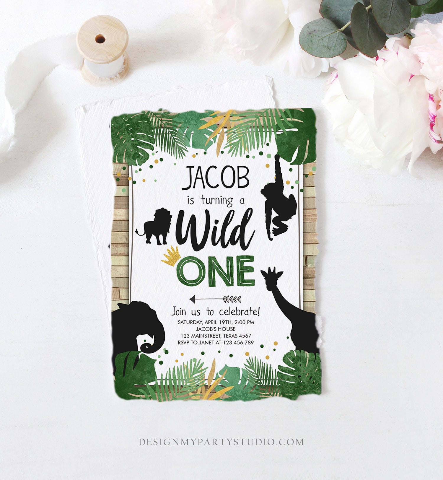 Editable Wild One Birthday Invitation Safari Animals Jungle Boy Gold First Birthday 1st Rustic Leaves Download Corjl Template Printable 0016