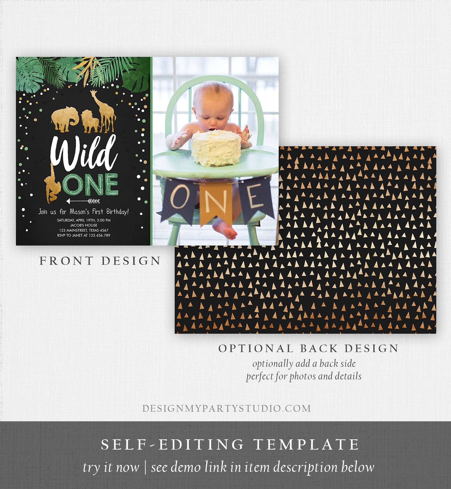 Editable Wild One Birthday Invitation Safari Animals Jungle Boy Gold First Birthday 1st Rustic Leaves Download Corjl Template Printable 0016