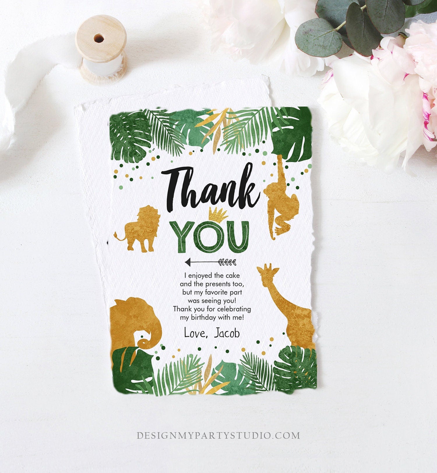 Editable Thank You Card Safari Animals Wild One Thank You Note Black Gold Photo Boy Jungle Zoo Animals Printable Corjl Template Digital 0016