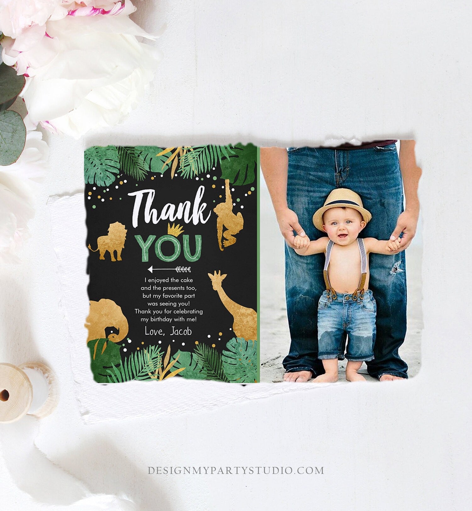 Editable Thank You Card Safari Animals Wild One Thank You Note Black Gold Photo Boy Jungle Zoo Animals Printable Corjl Template Digital 0016