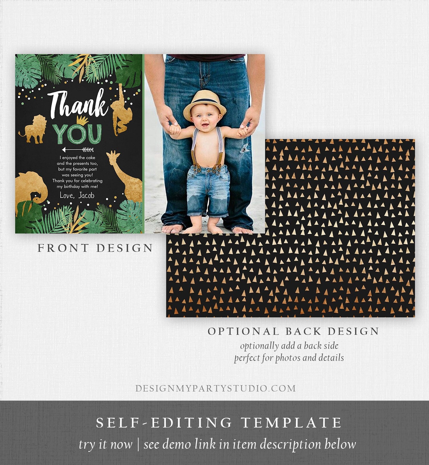 Editable Thank You Card Safari Animals Wild One Thank You Note Black Gold Photo Boy Jungle Zoo Animals Printable Corjl Template Digital 0016