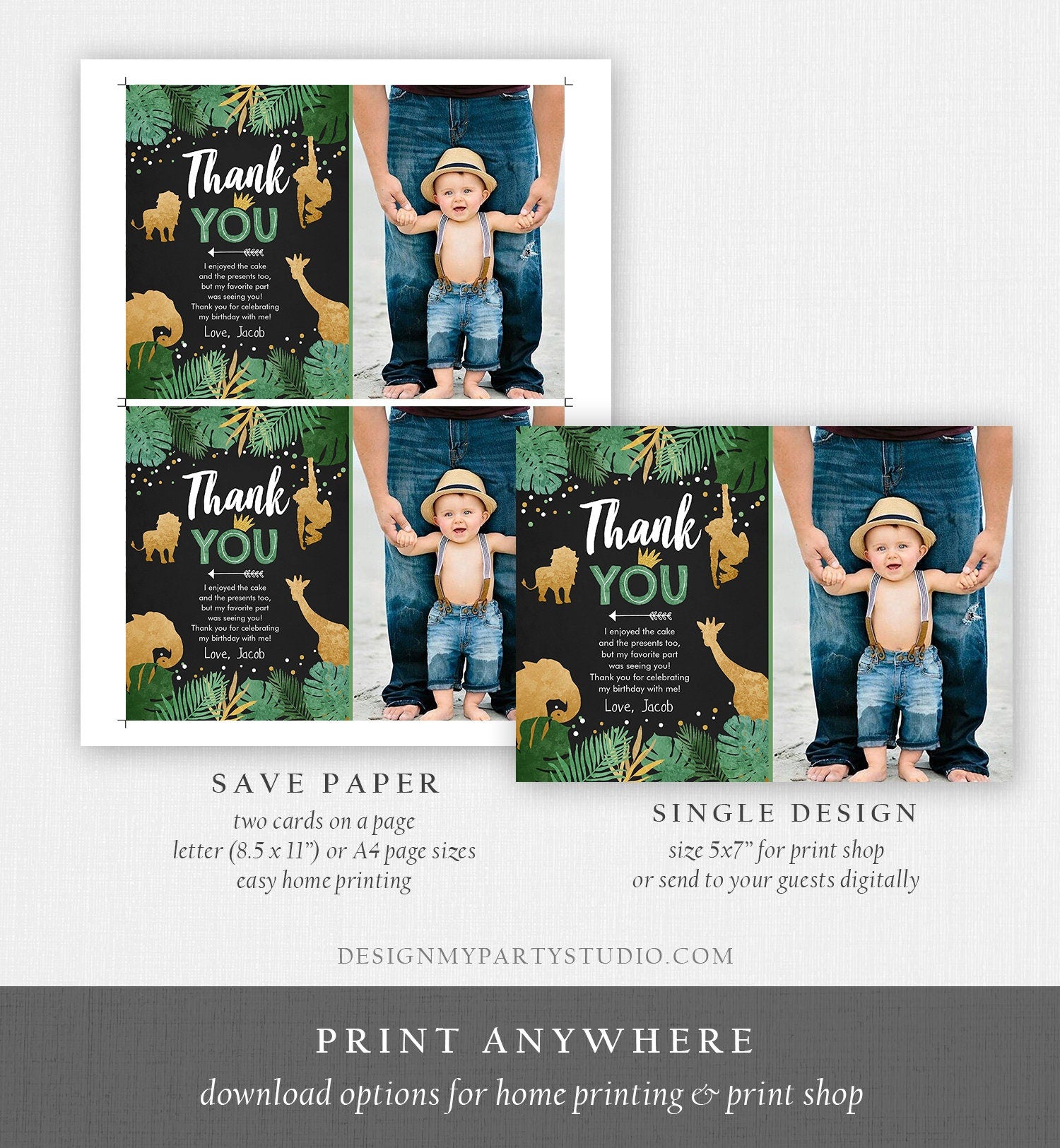 Editable Thank You Card Safari Animals Wild One Thank You Note Black Gold Photo Boy Jungle Zoo Animals Printable Corjl Template Digital 0016