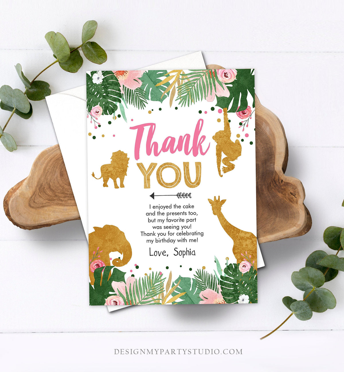 Editable Thank You Card Safari Animals Wild One Thank You Note Black Photo Girl Pink Gold Jungle Zoo Animals Corjl Template Digital 0016