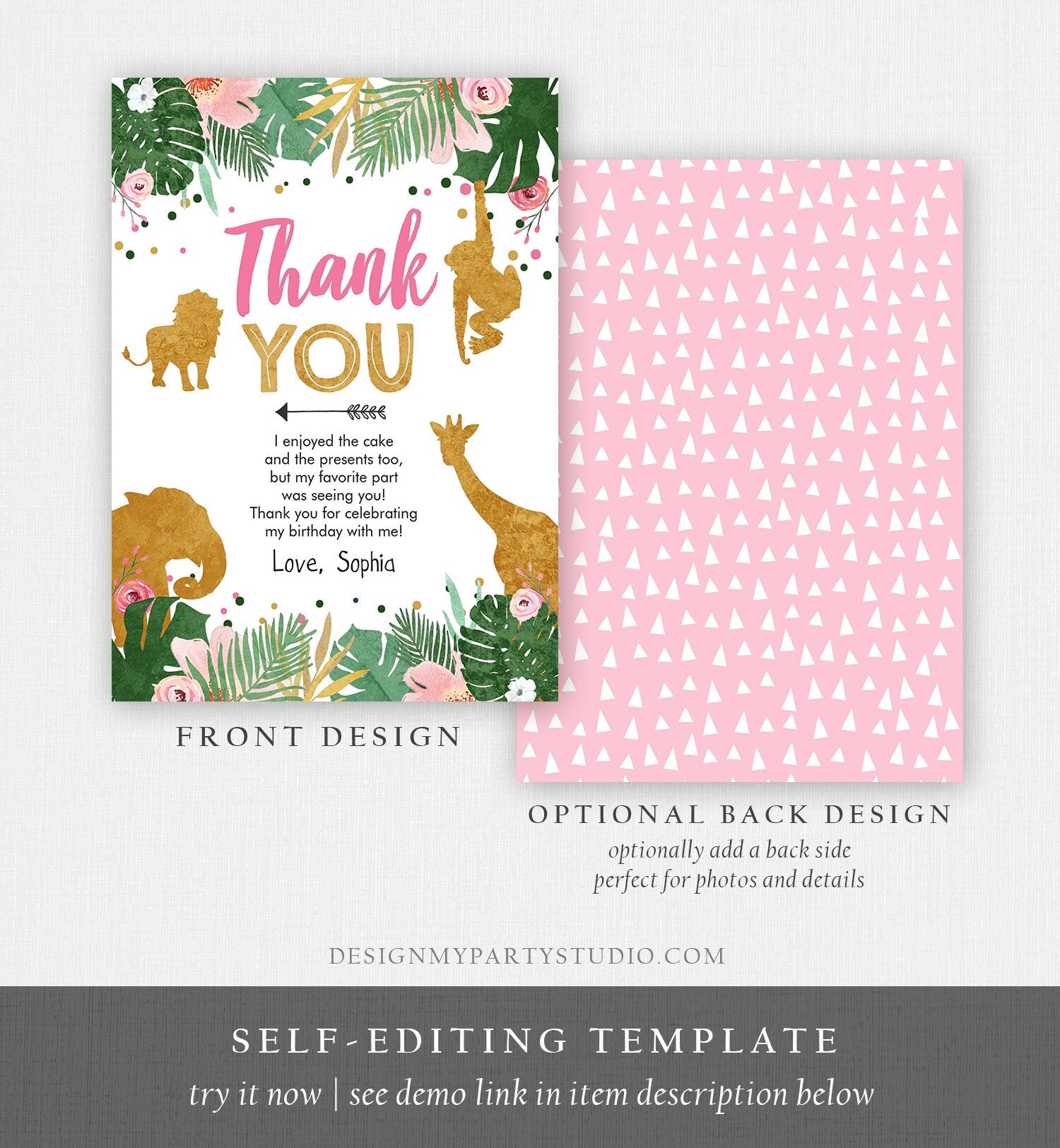 Editable Thank You Card Safari Animals Wild One Thank You Note Black Photo Girl Pink Gold Jungle Zoo Animals Corjl Template Digital 0016