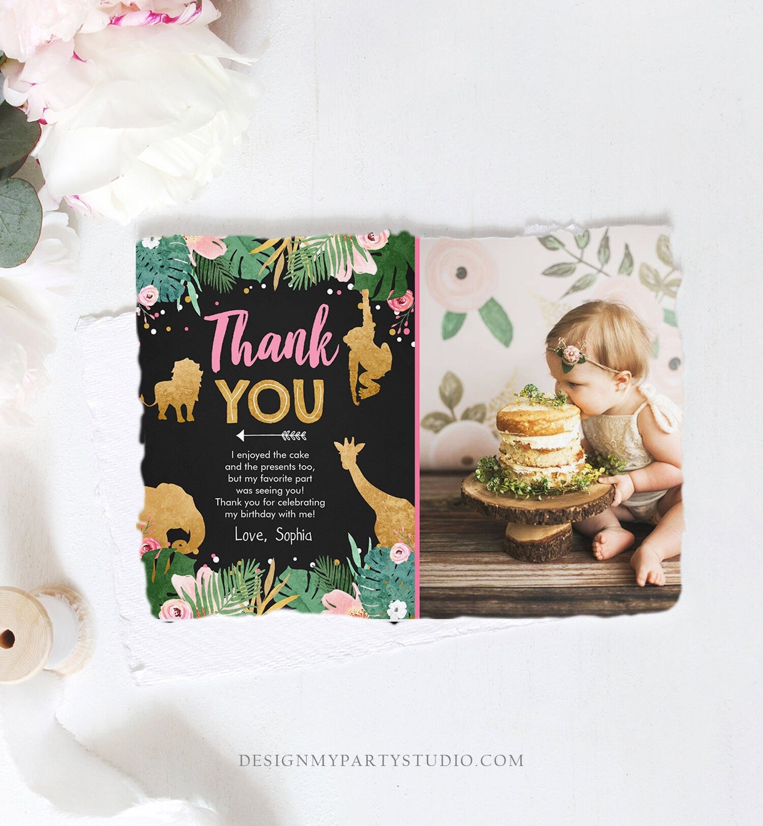 Editable Thank You Card Safari Animals Wild One Thank You Note Black Photo Girl Pink Gold Jungle Zoo Animals Corjl Template Digital 0016