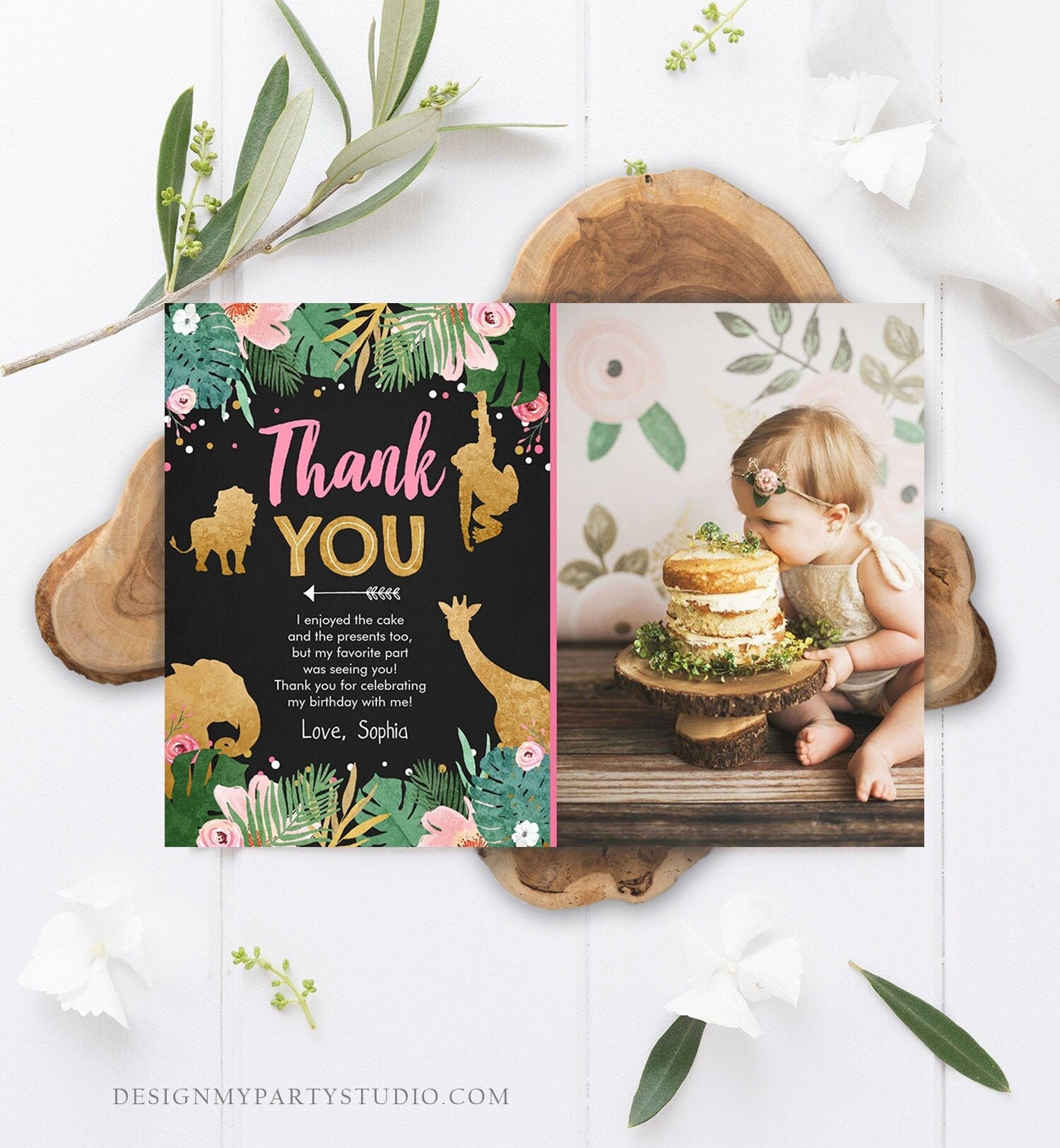 Editable Thank You Card Safari Animals Wild One Thank You Note Black Photo Girl Pink Gold Jungle Zoo Animals Corjl Template Digital 0016